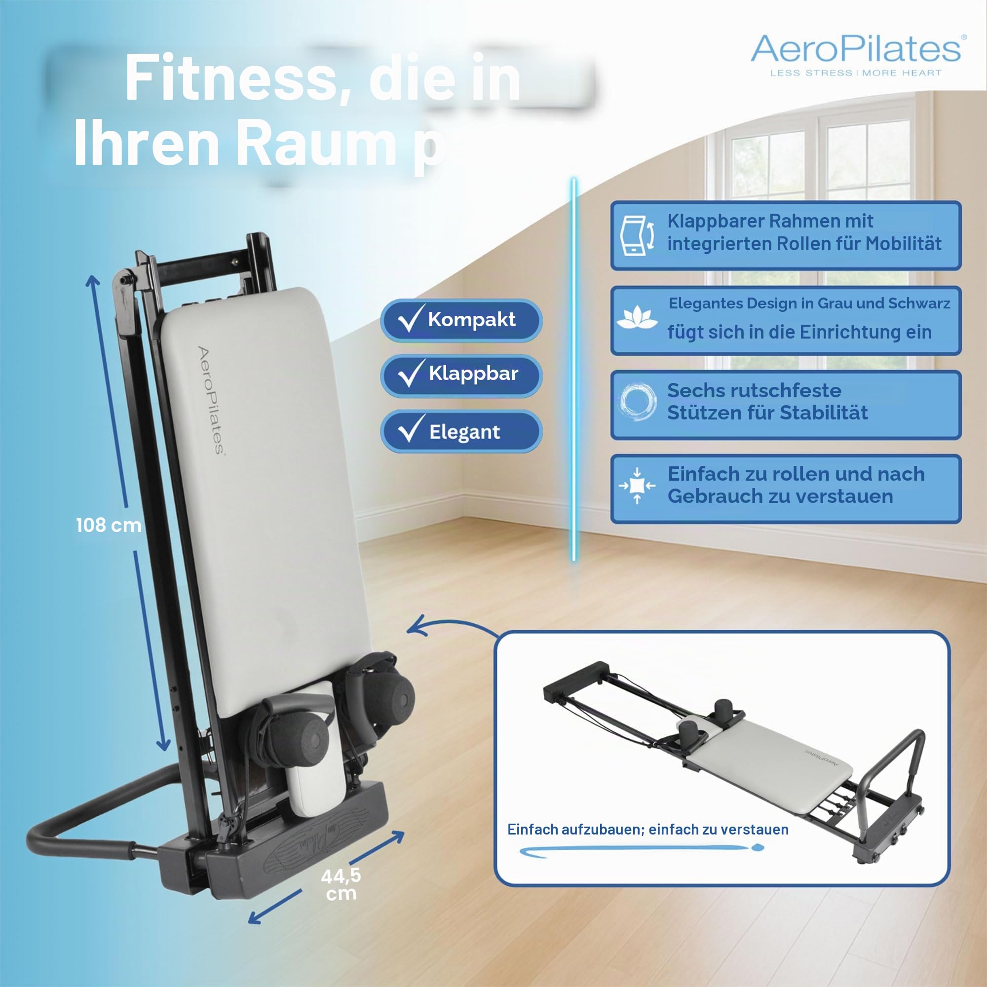 AeroPilates Reformer 287 - Pilates Reformer Workout-Maschine für Heim-Fitnessstudio - Pilates Reformer mit 3 Widerstandsschnüren - Bis zu 136 kg Gewichtskapazität