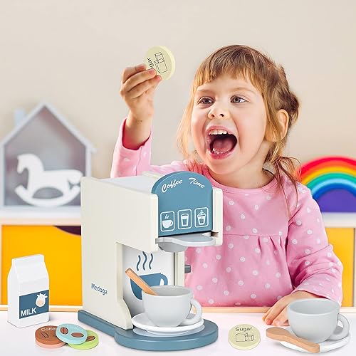 Vista 6 de Play Kitchen Accessories - Cafetera de madera para niños, cafetera de juguete, máquina de café espresso, juegos de cocina para niñas y niños