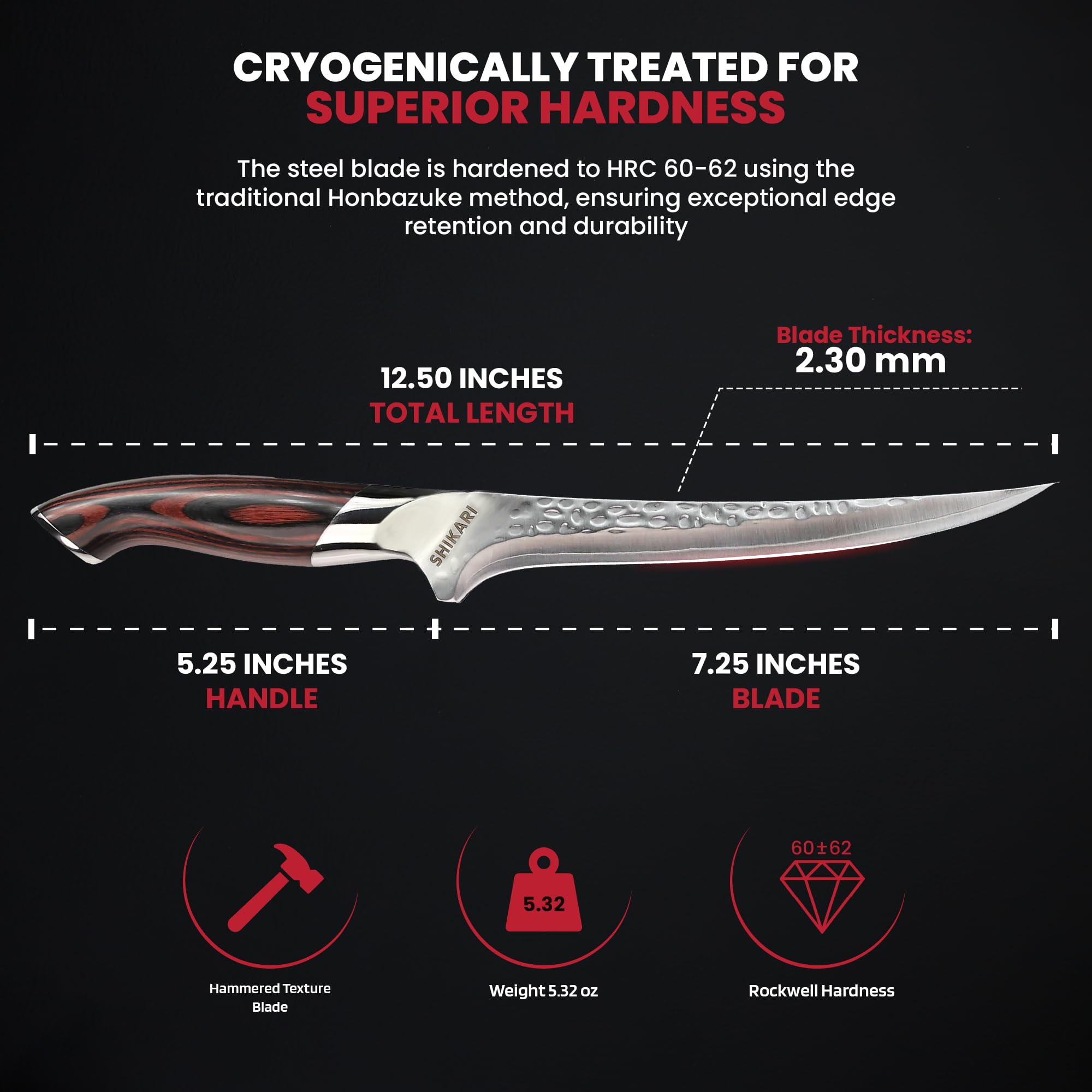 SHIKARI Boning Knife – 7 Inch Filet Knife for Fish & Meat – VG10 Steel Blade with Hammer Pattern – Professional Boning Knives for Meat Cutting – Ergonomic Pakkawood Handle