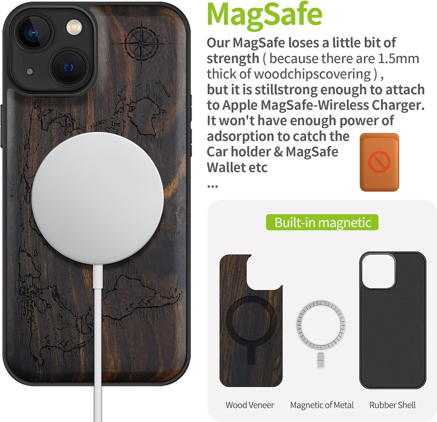 Carveit Magnetic Wood Case for iPhone 13 Case [Natural Wood & Black Soft TPU] Unique & Classy Wooden Shockproof Protective Cover Compatible with magsafe (Compass Maps -Blackwood)