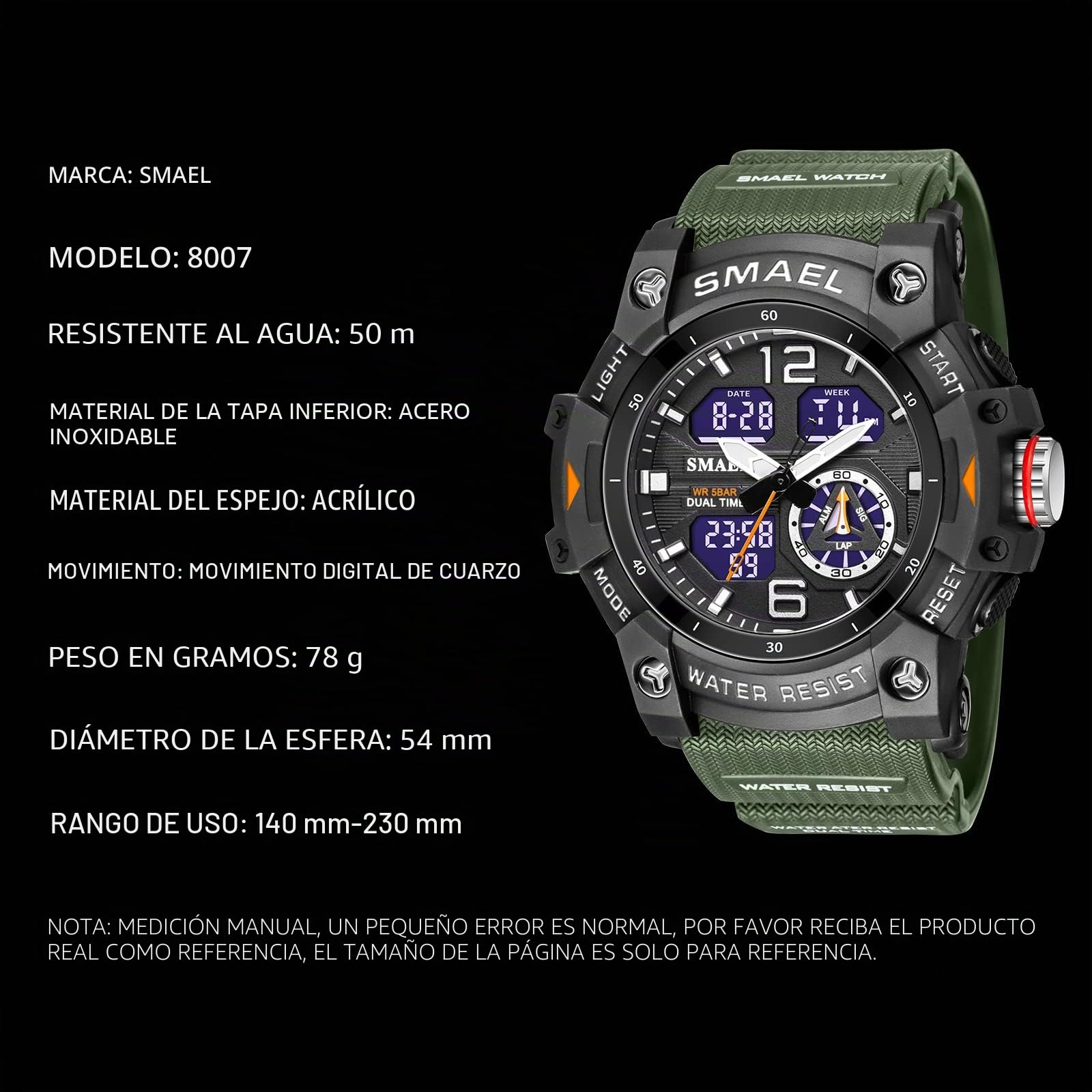 SMAEL 8007 - Reloj deportivo digital para hombre, reloj de pulsera con movimiento dual de cuarzo (verde militar), Verde militar.
