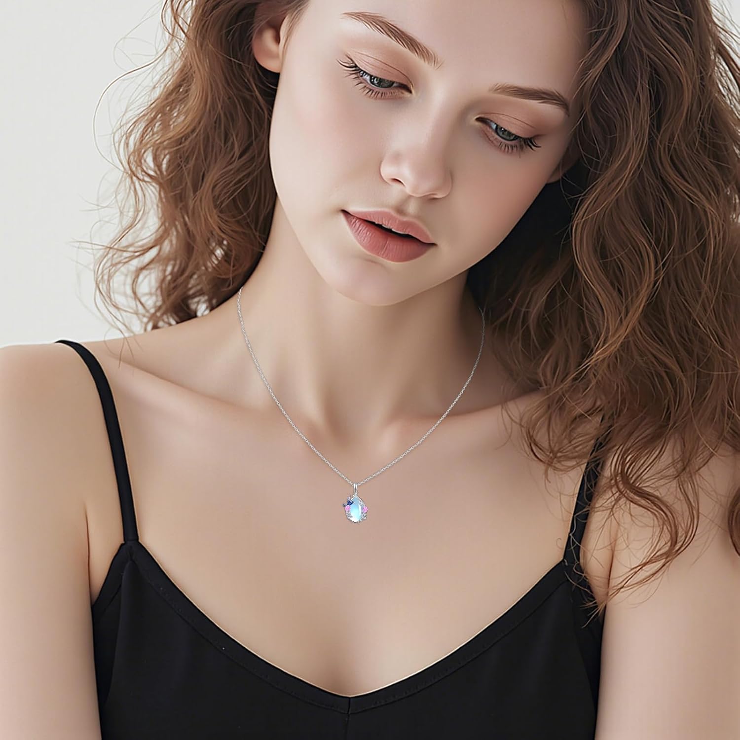 Moonstone Hummingbird Necklace Sterling Silver Hummingbird and Flower Teardrop Pendant Jewelry Gifts for Women - Image 2