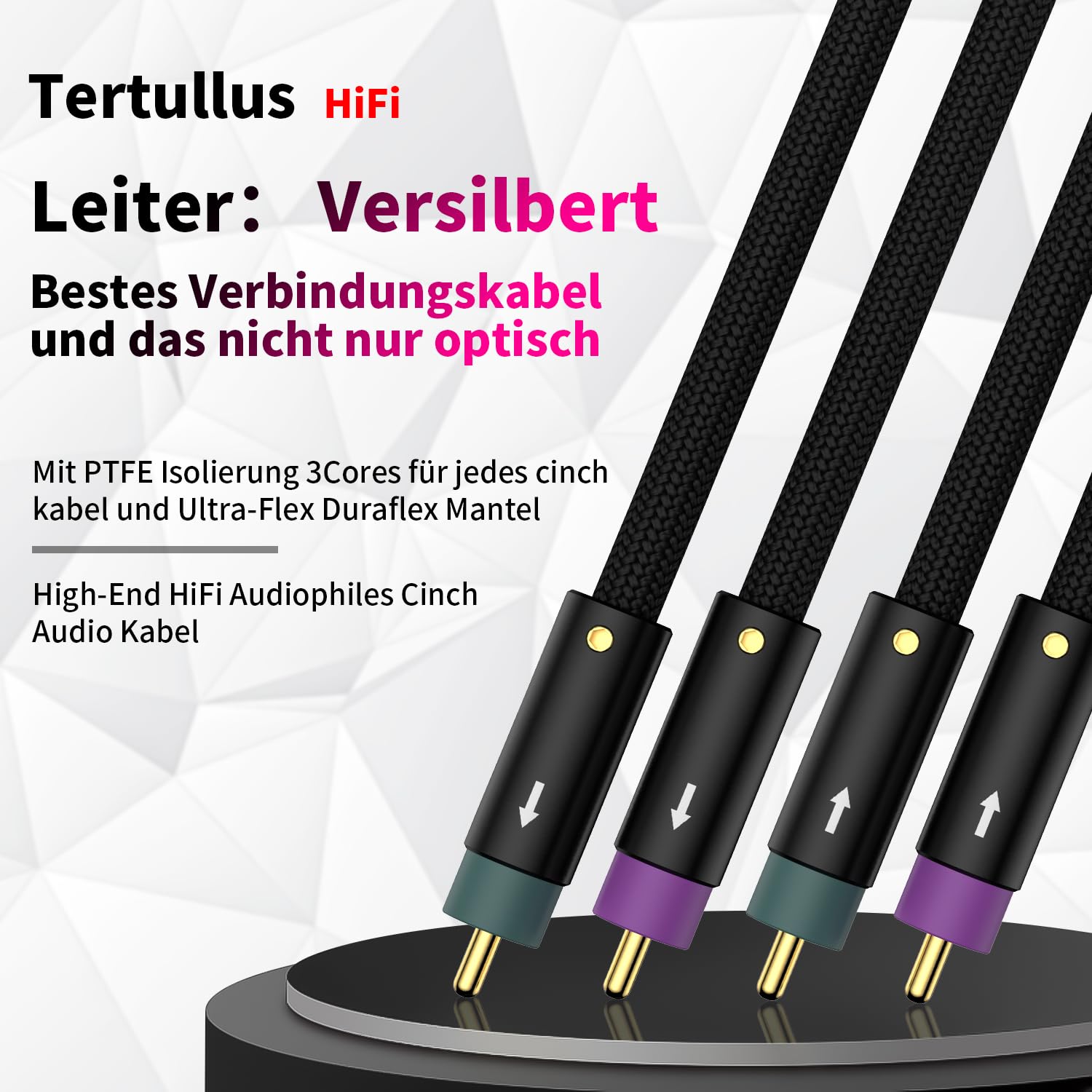 Tertullus High-End kabel cinch audio do gramofonu, kina domowego i instalacji HiFi, OFC srebrzone złociste złącza 24k (2m/6.56ft)