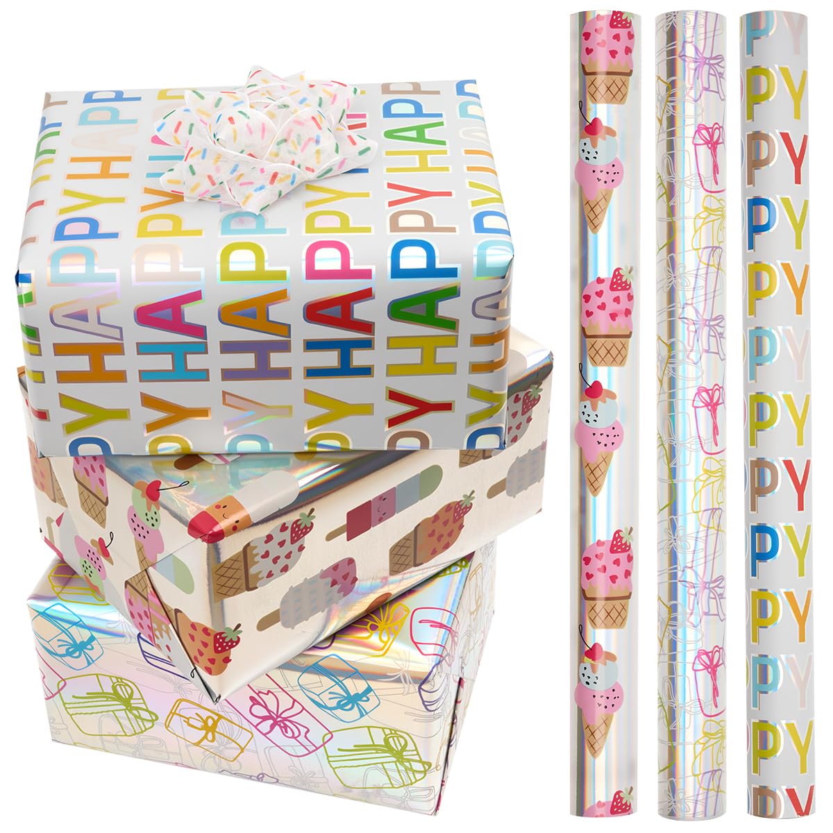 3Rolls Metallic Gift Wrapping Paper, 43cm*3m Foil Birthday Wrapping Paper for Birthday Baby Shower Festive Decoration
