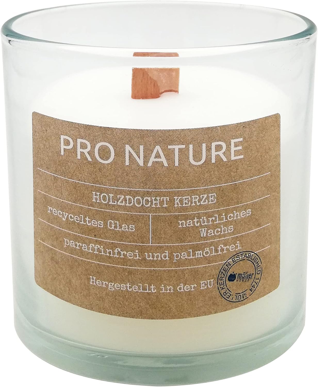 Müller Kerzen PRO NATURE Kerzen im Glas mit Holzdocht - Weiß Stearin Kerzen - 10 x 10 cm - 30 Stunden Brenndauer - Natürliche Wachs - Paraffin- und Palmölfrei Kerzenglas - Ohne Duft - 6 Stück