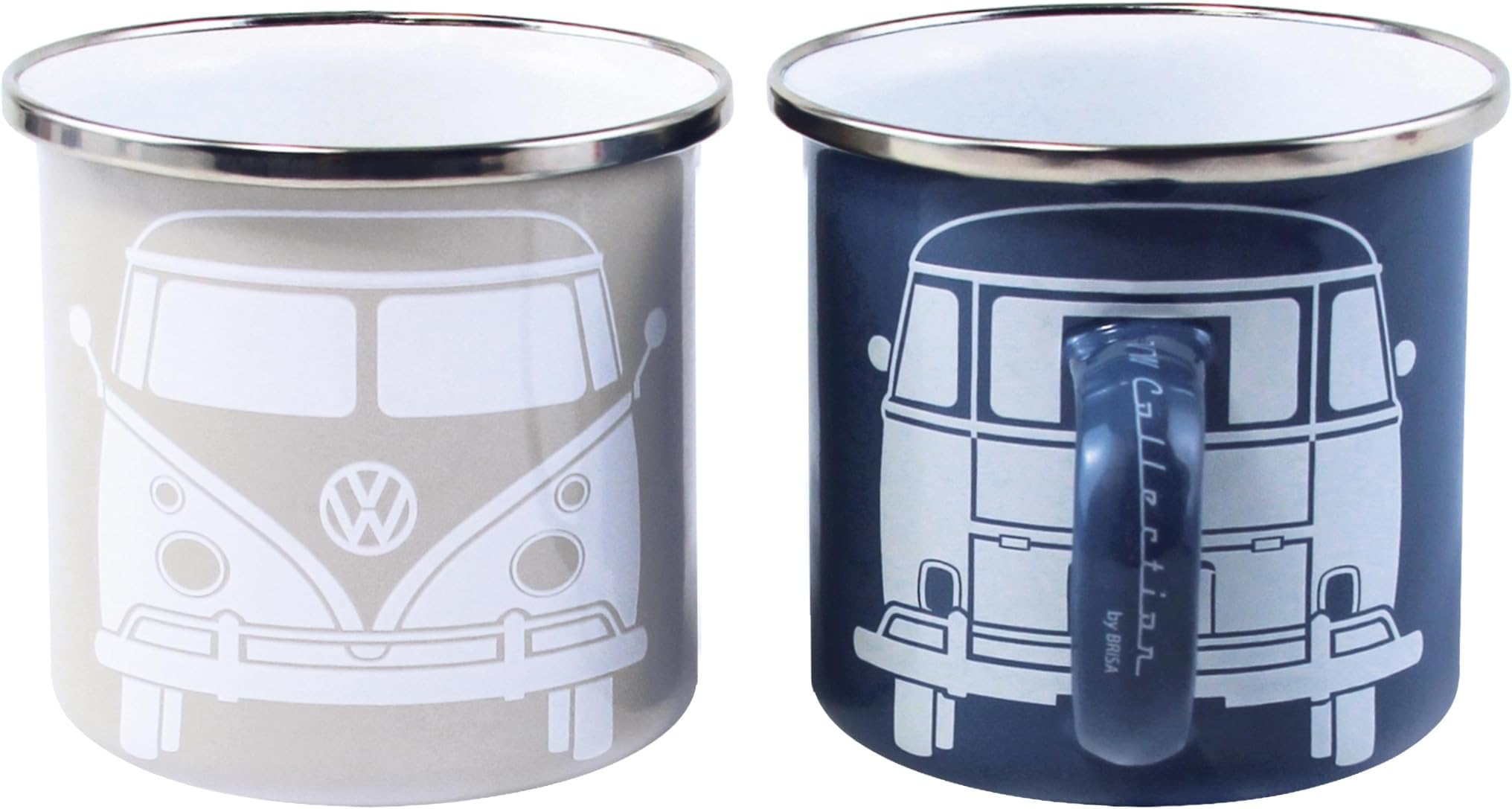 BRISA VW Collection - Volkswagen 2-Piece Enamel Coffee-Tea Mug Cup Set for Camping & Outdoor T1 Bus (Blue/Gray)