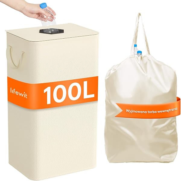 Lifewit 100L Pojemnik na butelka z pokrywką, duży depozytowy pojemnik, torba do przechowywania pustych butelek i szkła, Biały