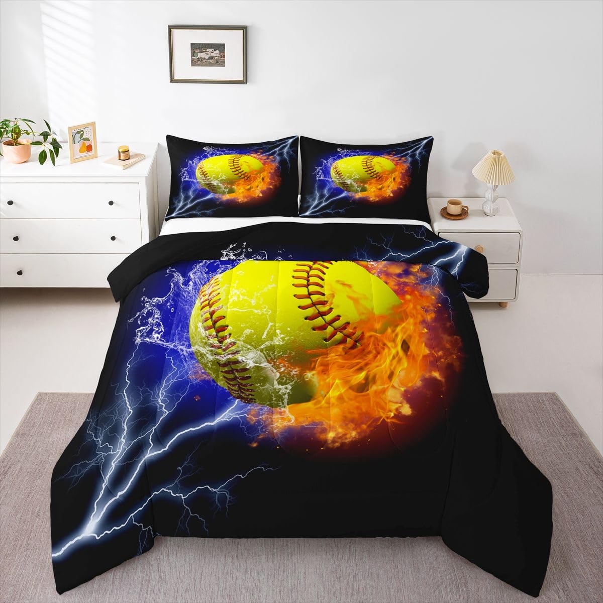 Erosebridal Softball Bedding Set Queen for Boys, Ice and Fire Comforter Set for Kids Teens Youth Adults, Sports Games Quilt Softball Decorations for