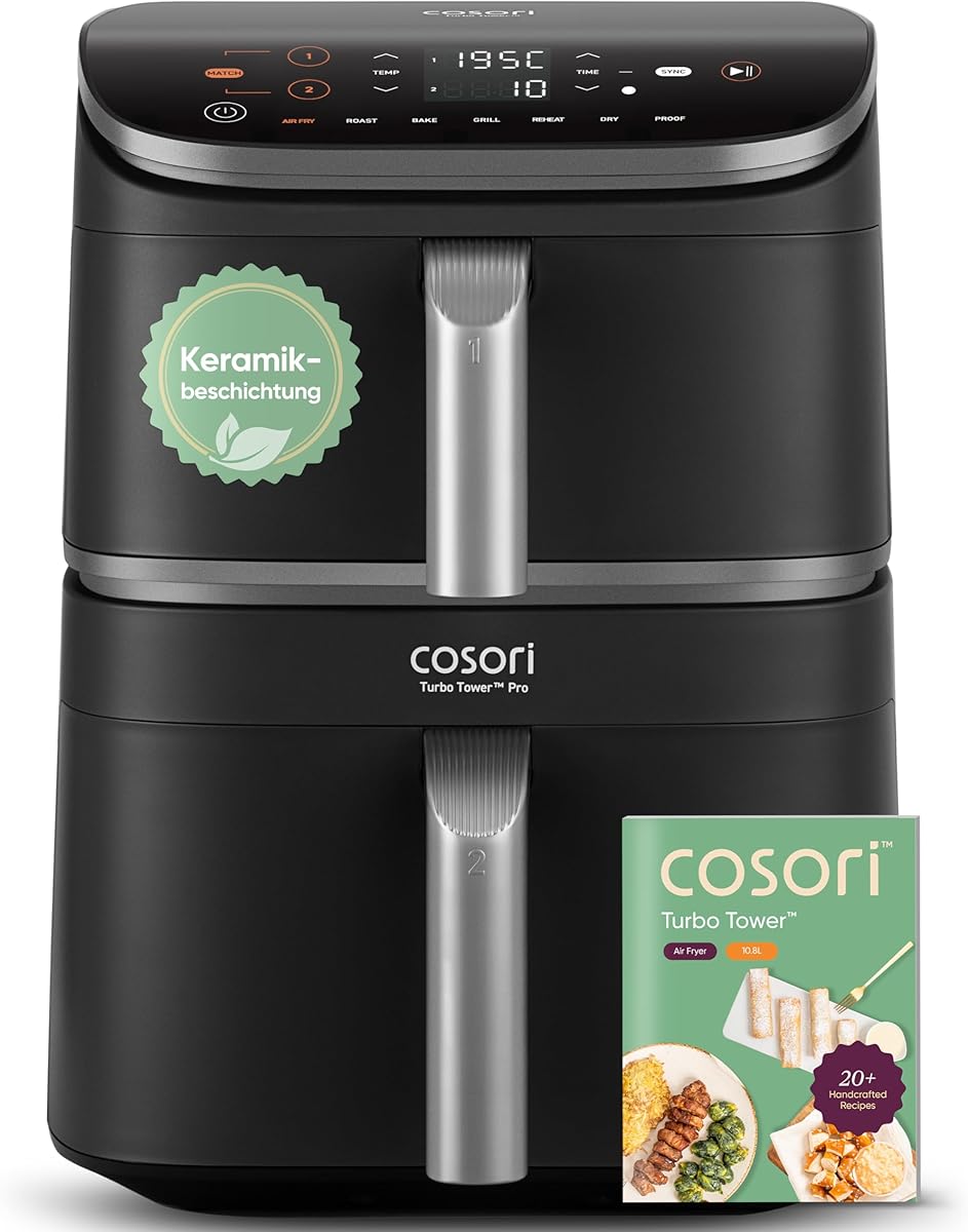 COSORI Airfryer | Turbo Tower Pro | DualBlaze-Technologie | Keramikbeschichtung Ohne PFAS | 2630W | 10,8L | Automatische Luftstrom-Regulierung | Silbergrau | DC112