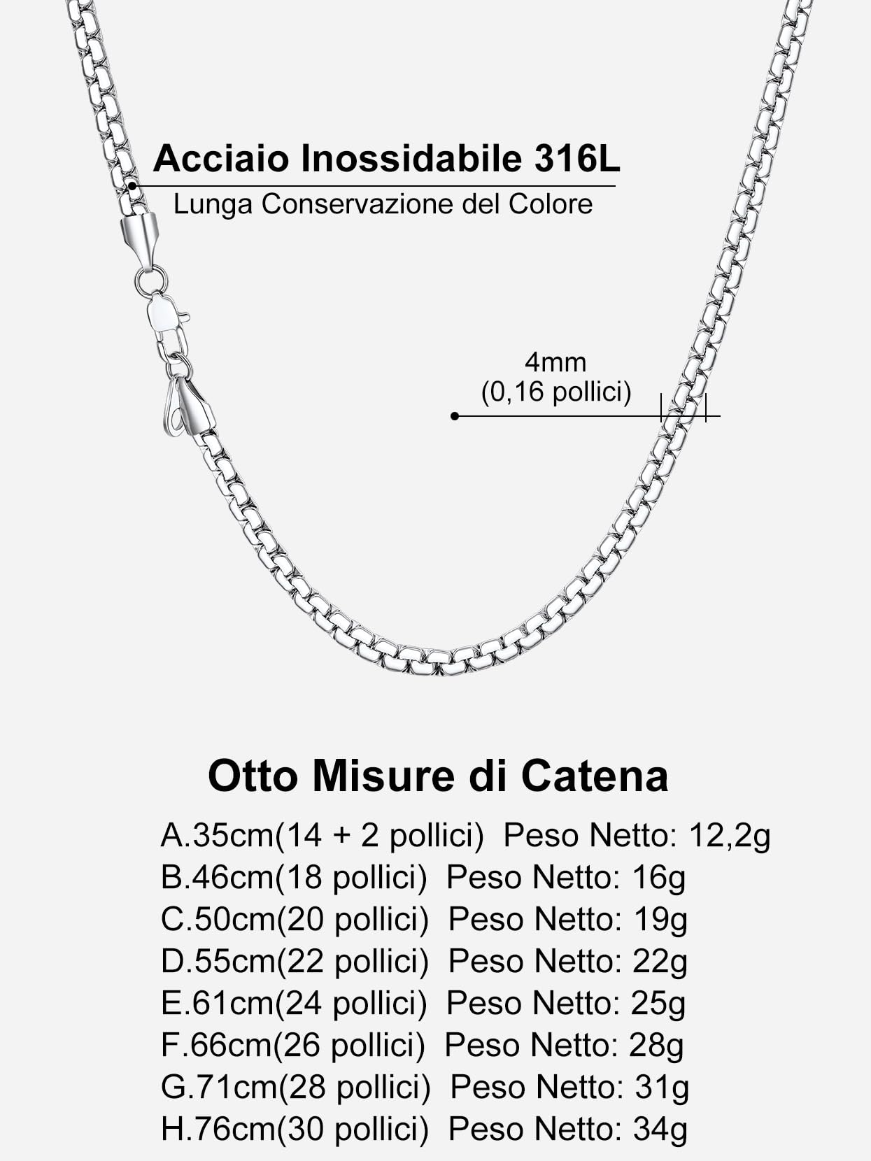 Richsteel 2/4/6MM Collana Uomo Donna a Maglie Veneziana in Acciaio Inossidabile, Catena Briolette Argento/Oro/Nero Lunghezza 35-76CM