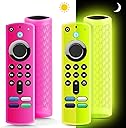 (2 Pack) Fire Stick Remote Cover 3rd Gen with Alexa Voice Remote,Fire TV Remote Cover Glow in The Dark, Anti Slip Shockproof Silicone Protective Case with Lanyard(Glow Yellow&Not Glow Rose Red)