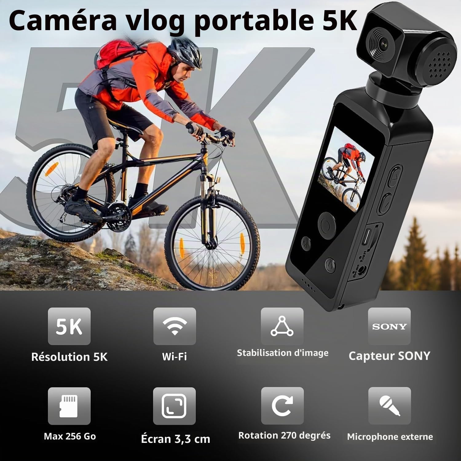 Caméra corporelle HD 5K avec Audio et vidéo, caméra d'action Sport avec Objectif Rotatif à 270°, caméra de vlogging pour Voyage, Sport en Plein air, Cyclisme, Clip et Carte TF 64 Go Incluse
