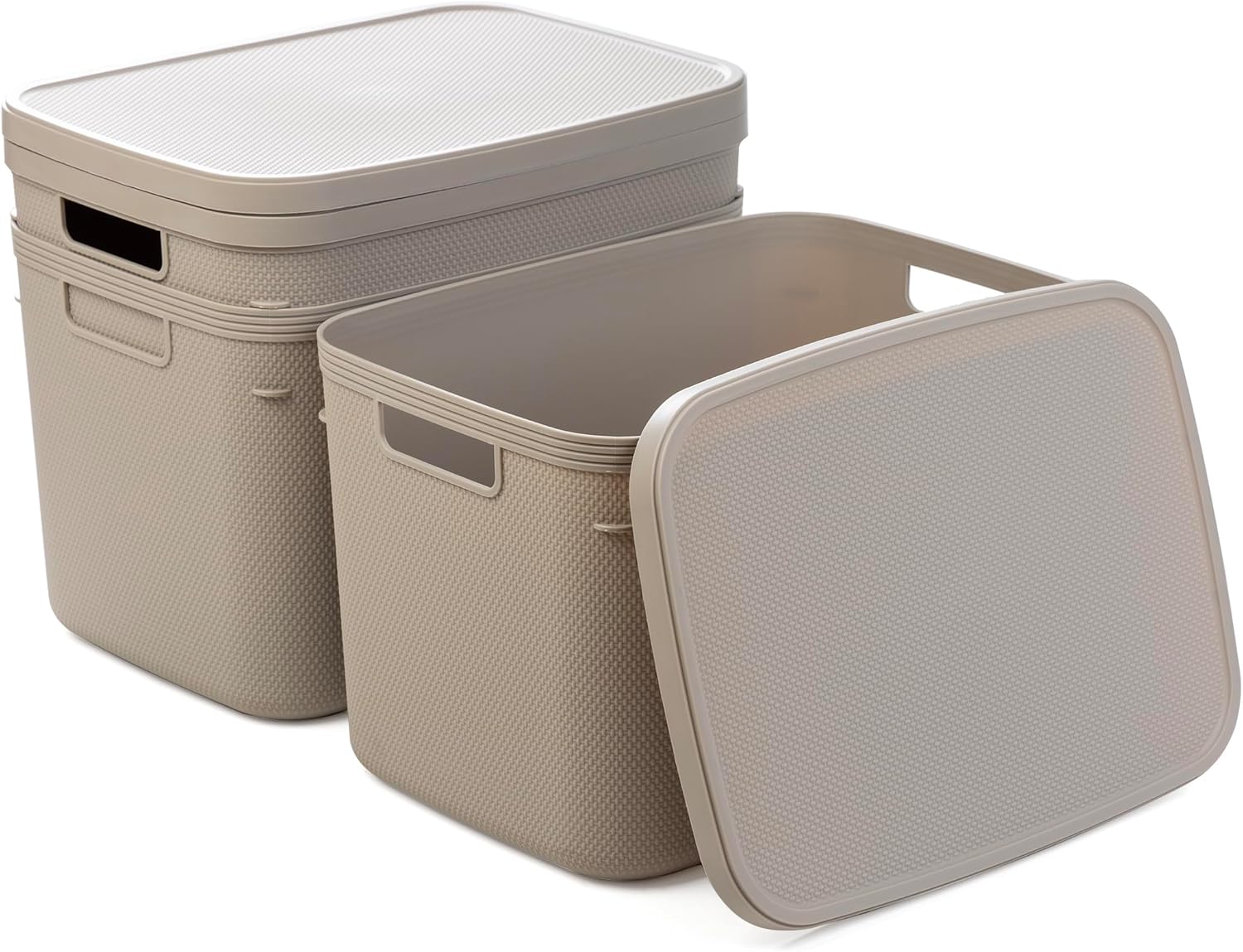 BINO | Plastic Storage Bins with Lids, 20 Liter - 3 Pack, Taupe | THE TWILL COLLECTION | Plastic Bins for Organization | Woven Storage Baskets for Organizing | Pantry Shelf Organizer Basket Bin