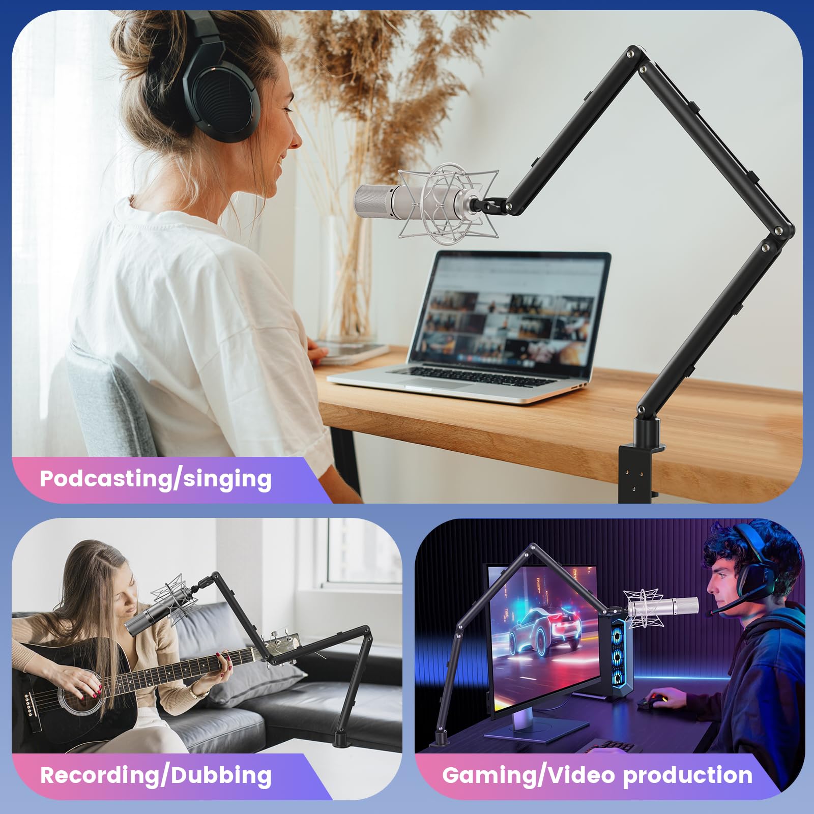 Mikrofon Arm, Microphone Boom Arm Auf/Ab voll verstellbar Mikrofonarm Ständer Halterung mit hoher Kompatibilität, für Gaming, podcast, Aufnahme, 24 cm +24 cm +24 cm (Black)