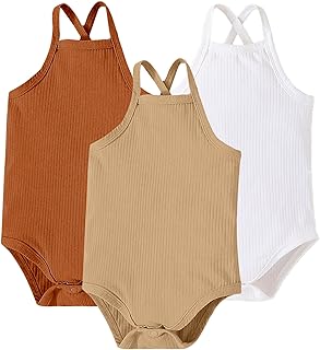 Lote de 3 bodies de bebé sin mangas de tirantes finos para niños niñas recién nacidos mixtos,verano bebé de punto acanalado colores lisos 6-24 meses