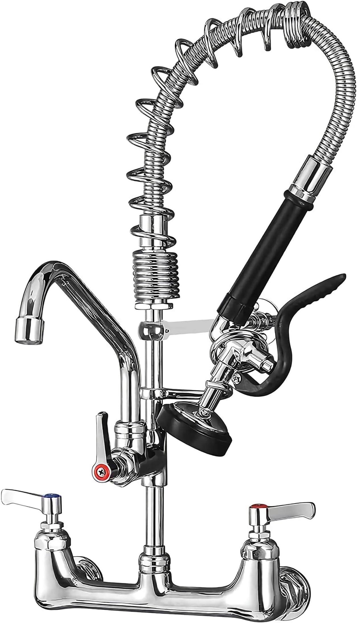 CWM Commercial Faucet with Sprayer 21" Height 8" Center Wall Mount Kitchen Sink Faucet Brass Constructed Polished Chrome Pre-Rinse Device with Coilded Spring and 8" Add-on Spout