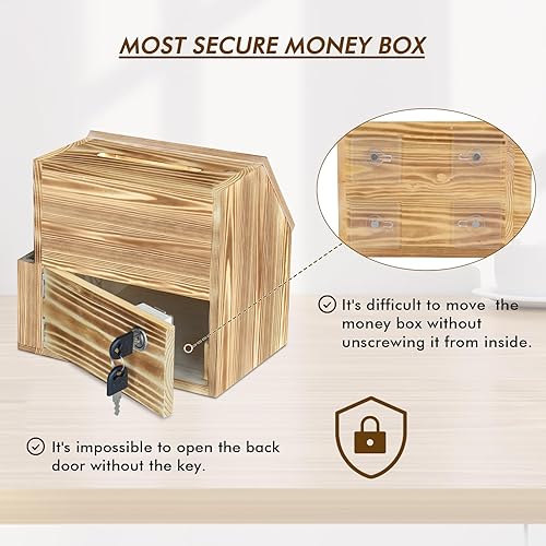 Miniatura 3 de Caja de sugerencias de madera con cerradura, urna de donación retro con pizarra de bloqueo de ranura, gota de dinero B para propinas, comentarios de