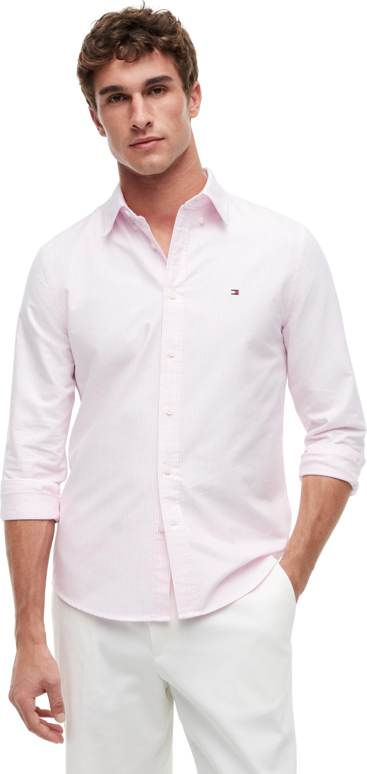 Tommy Hilfiger Men’s Long Sleeve Regular Fit Stripe Shirt, Pink (Rose Petal/White), XL