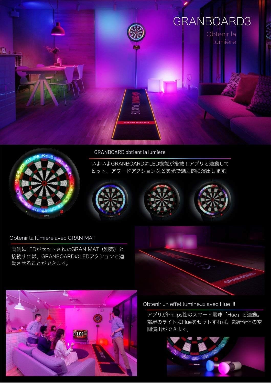 Gran Board Cible de fléchettes Bluetooth 3s LED avec support spécial et jeu de fléchettes ChoukouTip100pics et jeu de fléchettes Bleu
