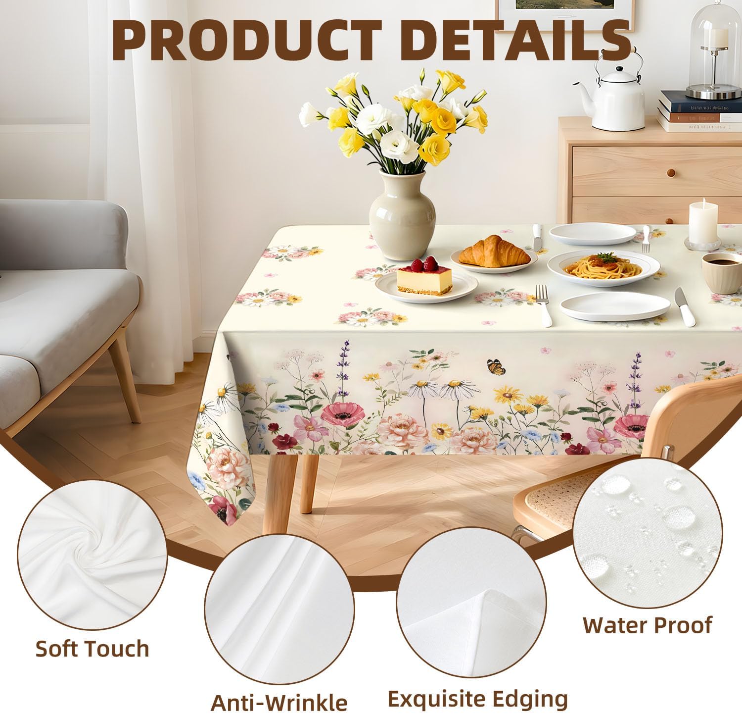 Reusable Waterproof Rectangle Tablecloth, Floral, 8FT/126 x 60 Inch