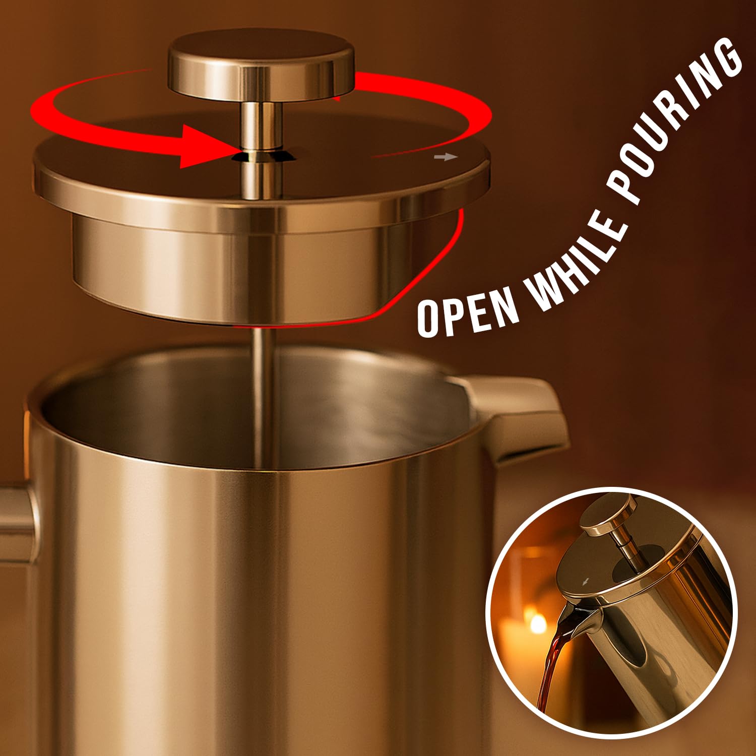 Red Ember Prasa francuska ze stali nierdzewnej 1L Cafetiere – Ekspres do kawy z podwójną ścianką izolacyjną, nietłukący się i odporny na rdzę z 3-warstwowym filtrem dla gładkiego, bogatego naparu