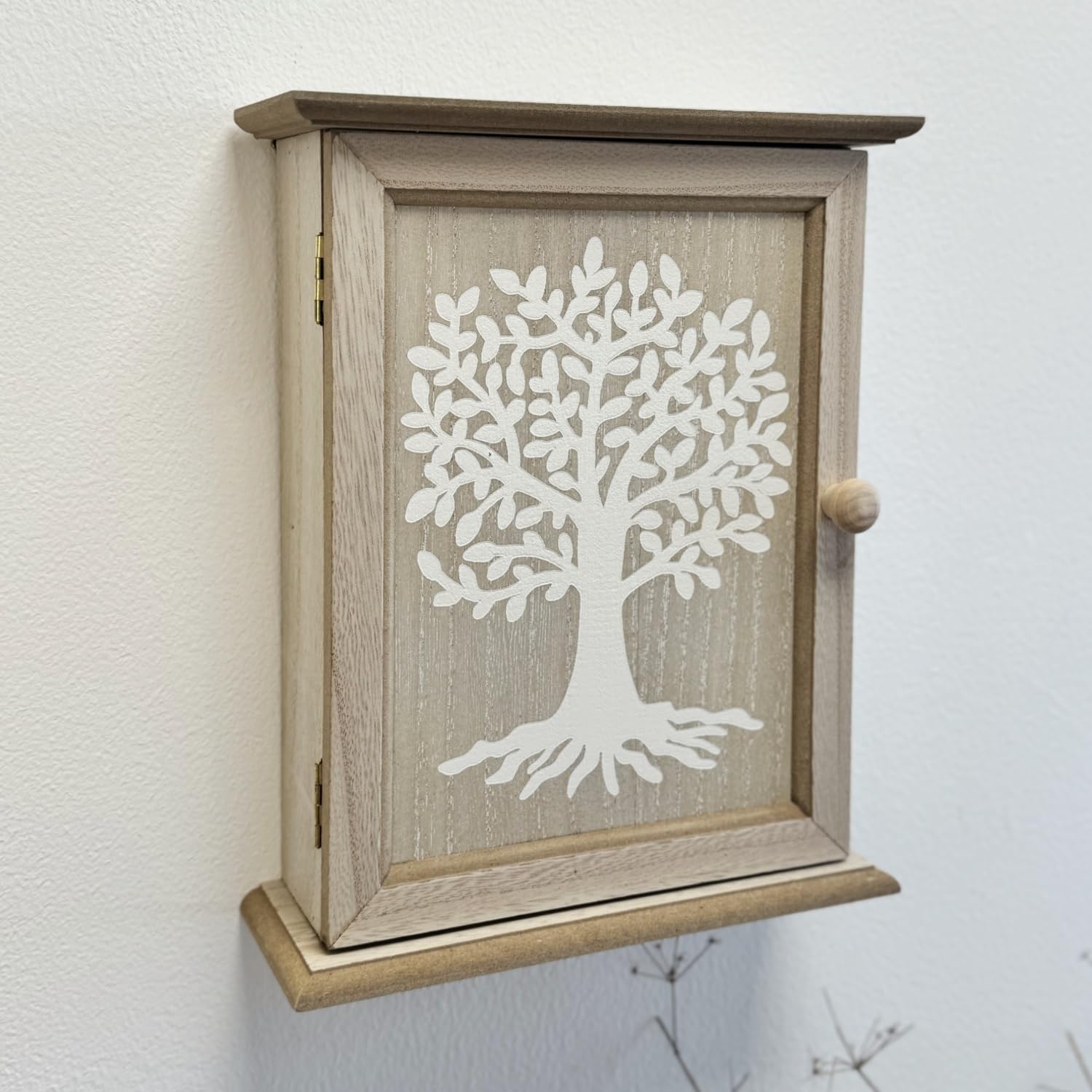 Caja Guardallaves de Madera Decorada Estilo Nórdico con 6 Colgadores de Pared -Arbol de la Vida