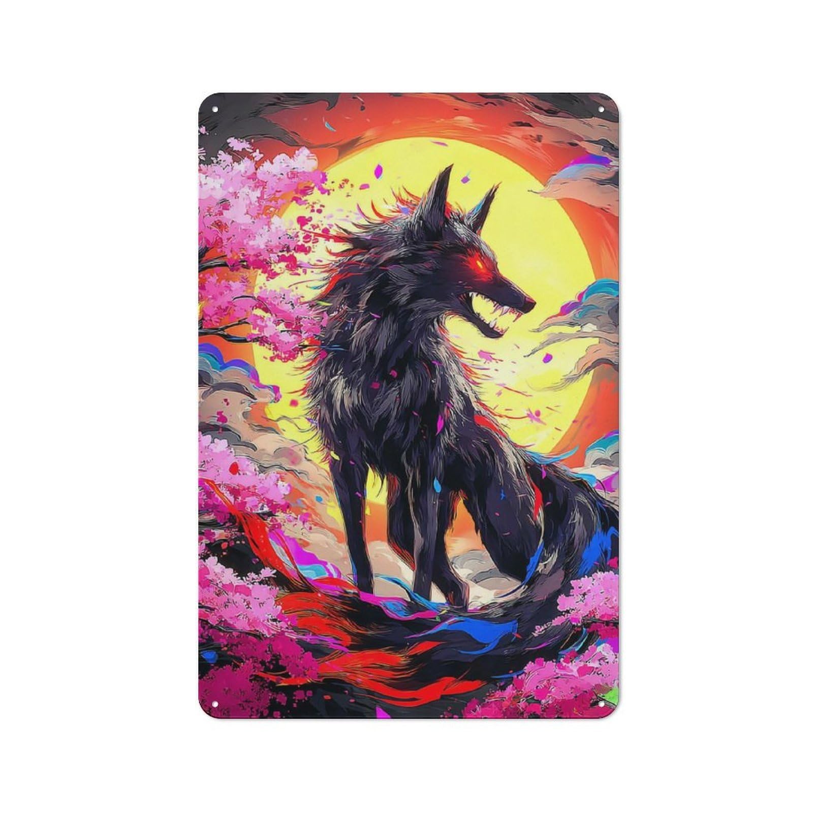 Junmoney Fiery Wolf Amidst Cherry Blossoms Vintage Metal Plaque 30X20cm For Living Room Or Hallway, A Christmas Gift For People Styling Living Room And Hallway