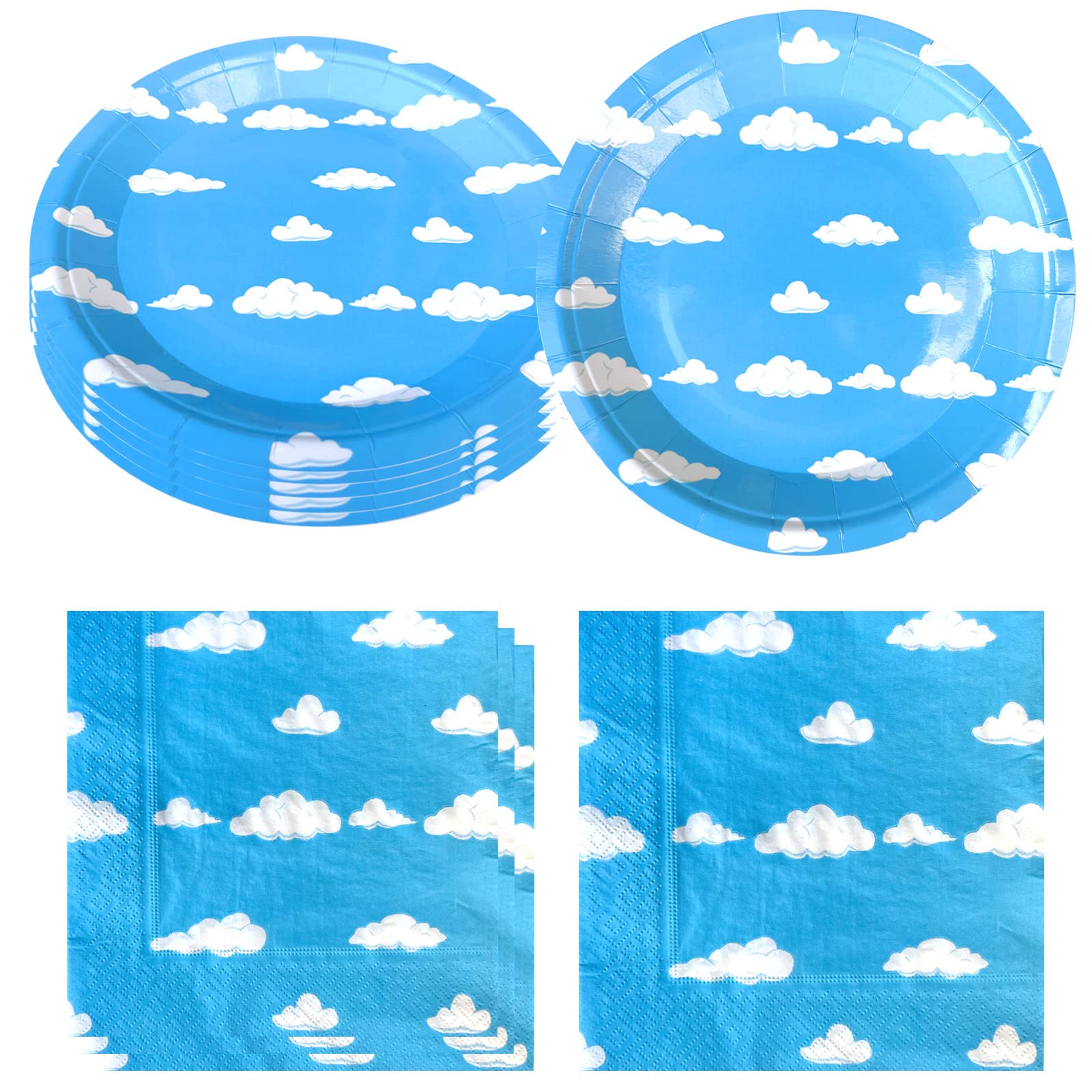 Blue Sky White Clouds Birthday Party Supplies, 20 Plates and 20 Napkins, Blue Sky Cartoon Theme Birthday Party Decorations for Baby Kids Shower