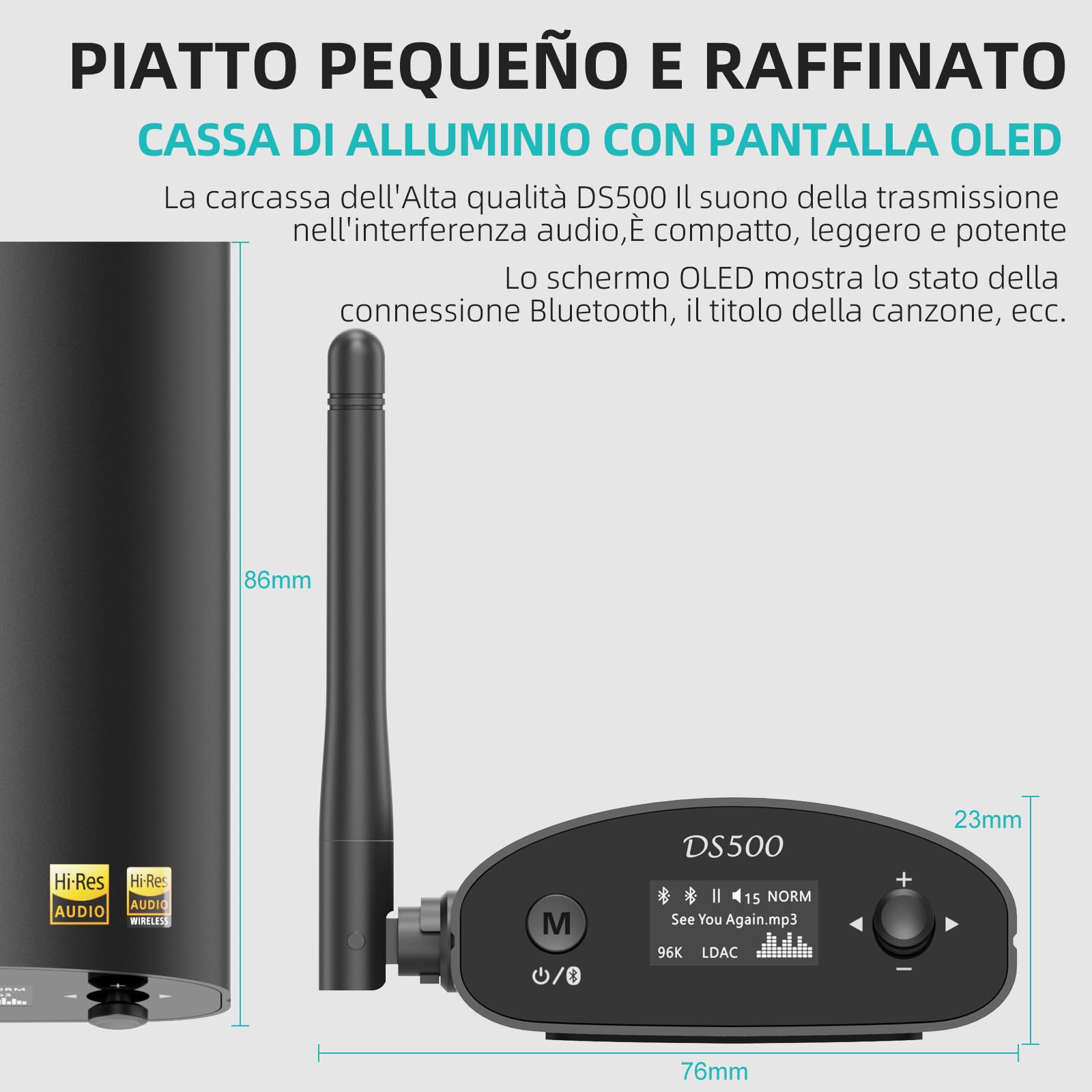 1Mii Ricevitore Bluetooth HiFi LDAC, Adattatore Audio Bluetooth 5.3 con DAC Audiofilo, aptX HD e Bassa Latenza, con Uscita RCA/Ottica/Coassiale, Display OLED per Stereo, Amplificafore-DS500