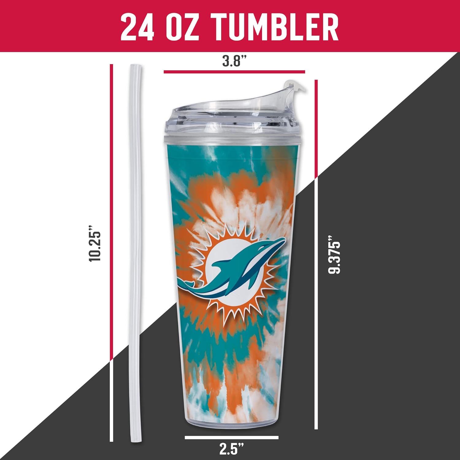 Rico Industries NFL Football Glitter 24oz Acrylic Glitter Tumbler with Hinged Lid, Officially Licensed Double Wall Tumbler with Straw