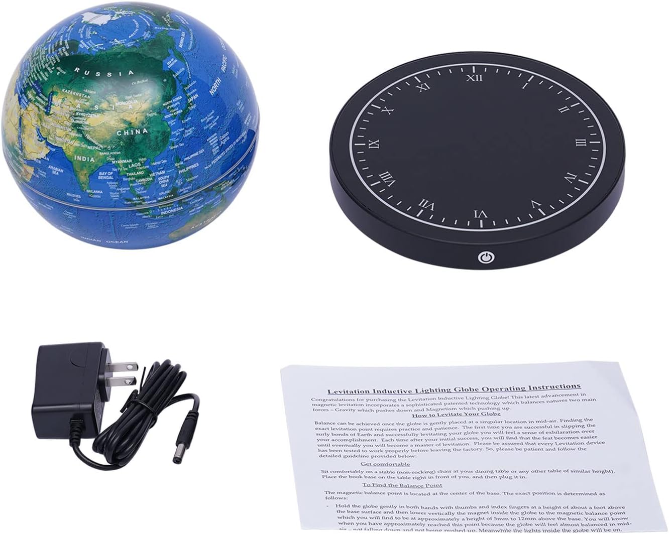 6'' Magnetic Levitating Floating Globe with 7-Color LED Light & Blue Clock Base, Blue Topography Globe, Auto-Rotating World Map for Children Educational Gift/Teaching Tool/Home Office Desk Decor