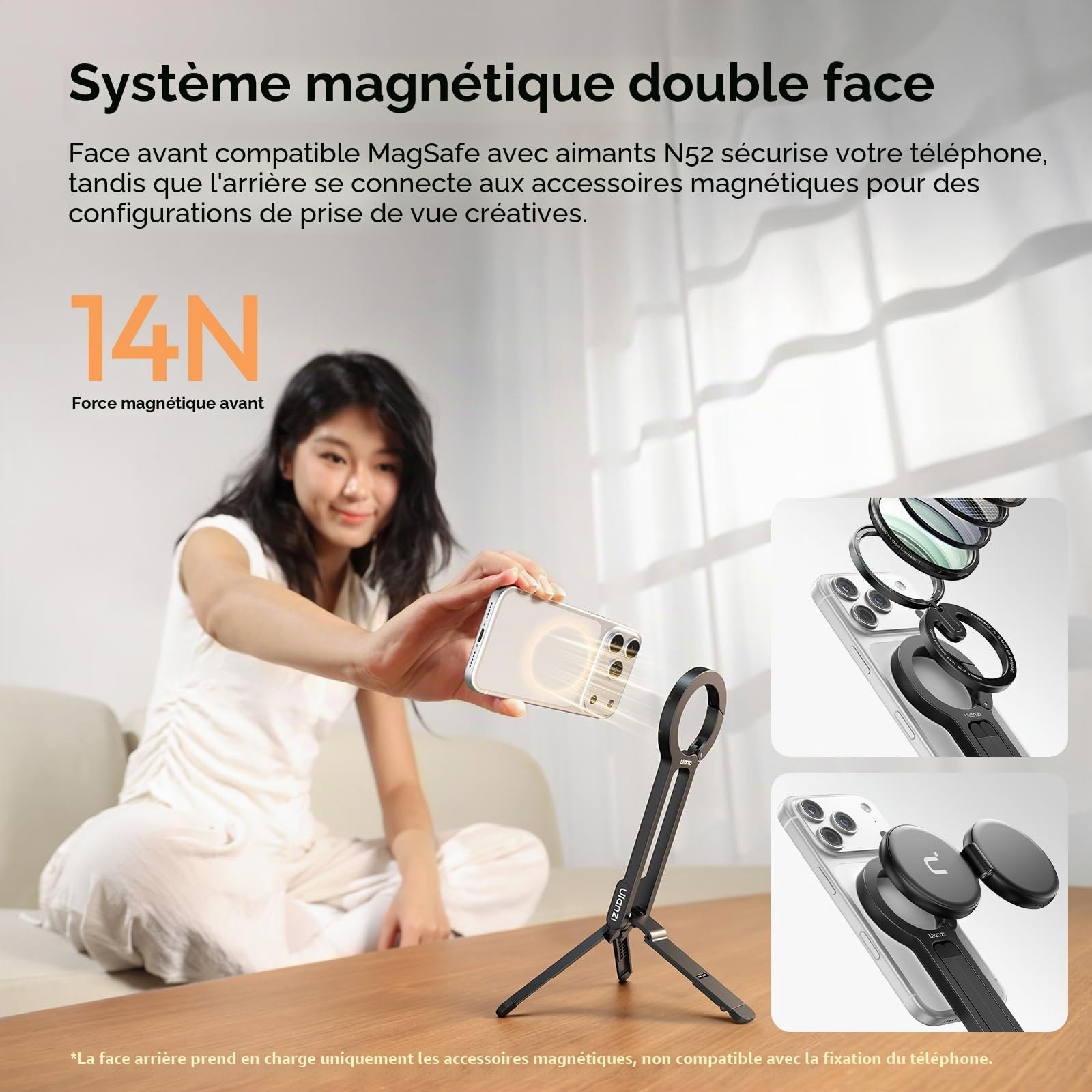 ULANZI Mini trépied magnétique pour iPhone – Support de téléphone portable en plastique, aimant puissant, montage rapide et pliable, compatible avec iPhone 17 16 15 14 13 12 Series Blacck