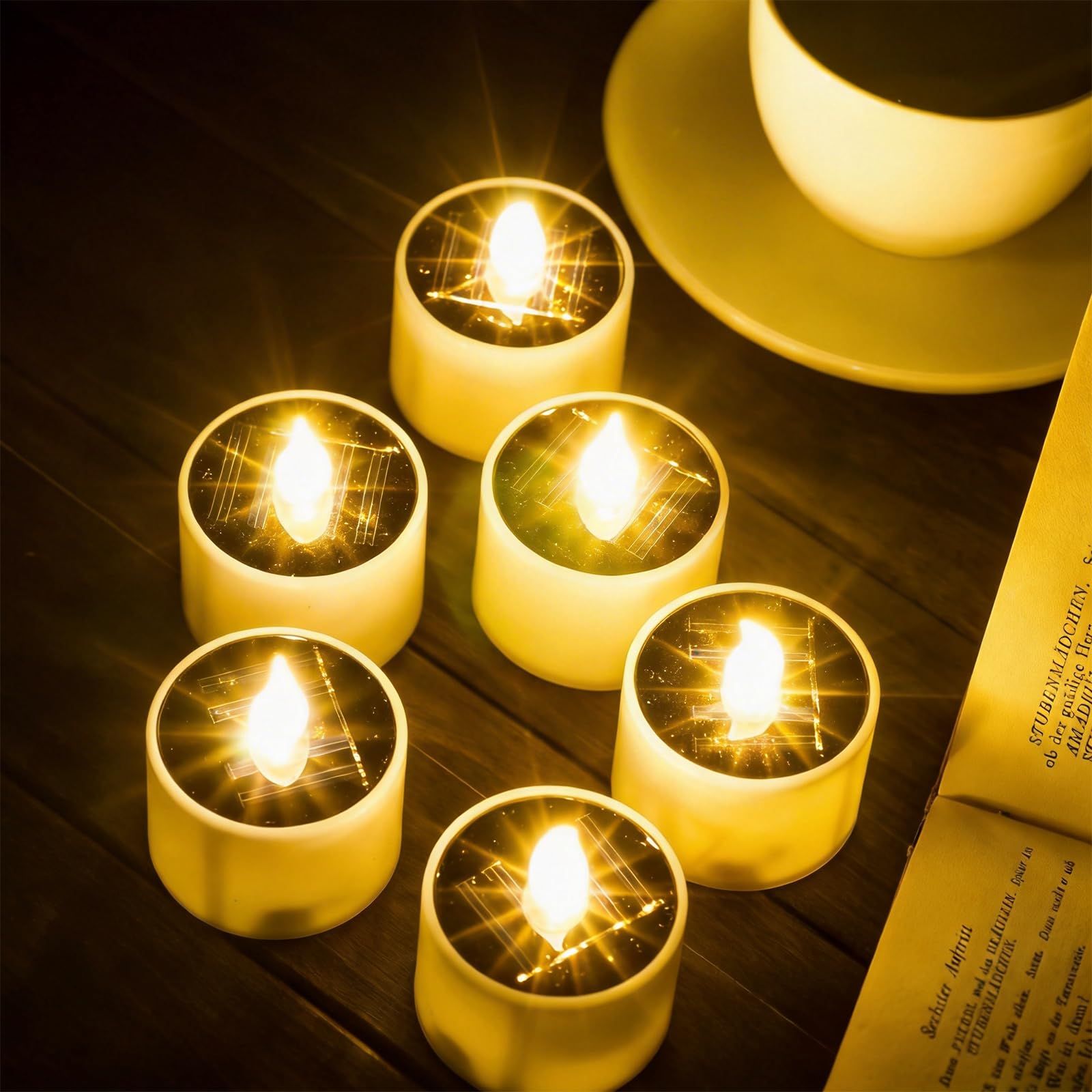 SoulBay 6pcs Solar Power Tea Lights Outdoor Candle Flameless Flicker IP65 Waterproof Rechargeable LED Candles with Dusk to Dawn Sensor for Lantern Garden Camping Party Home Decorations, 2.3" x 2"