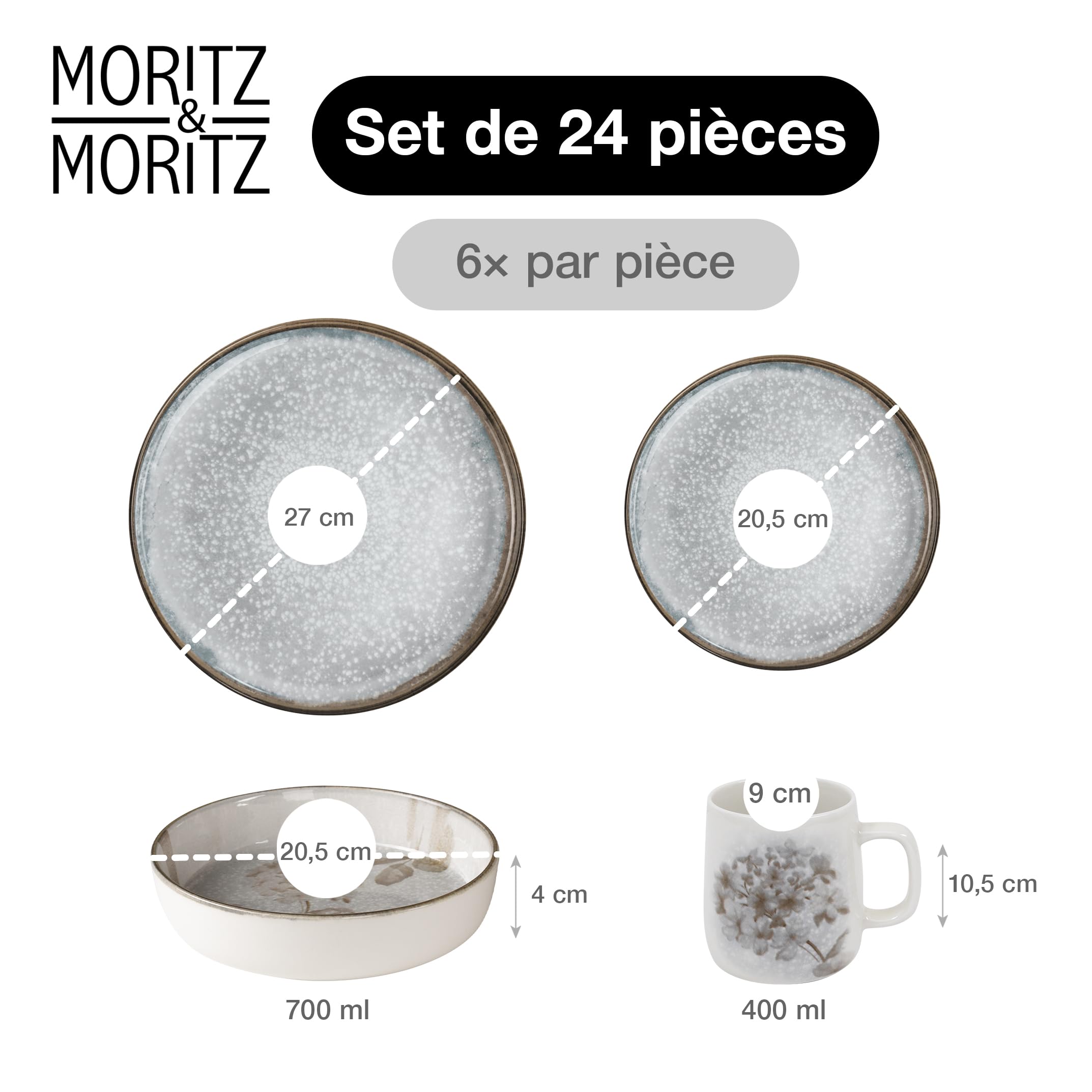 Moritz & Moritz BLOSSOM Service de table en porcelaine pour 6 personnes 24 pièces – Service de table moderne au design ludique – Service à café facile d'entretien avec assiettes, bols et tasses