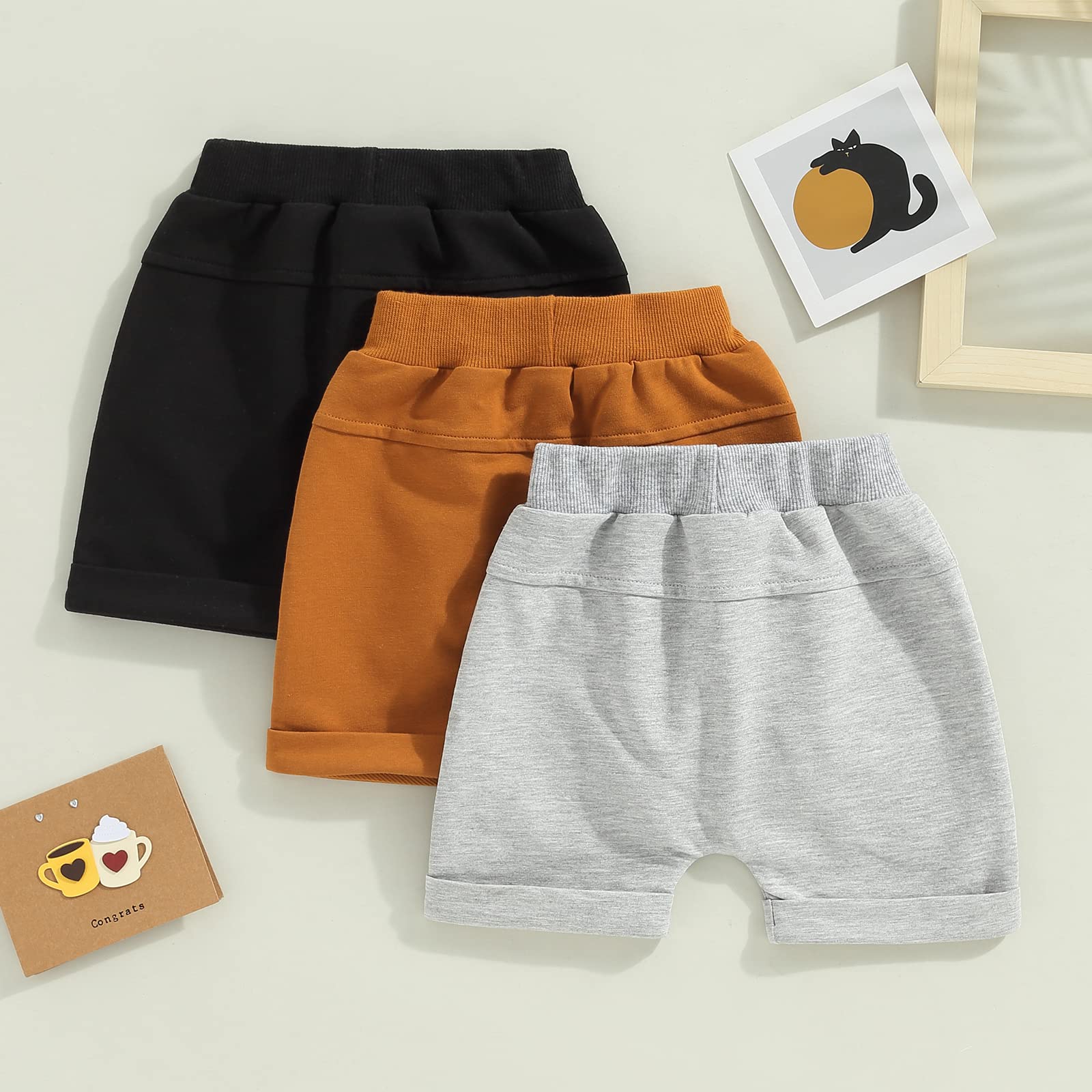 Merqwadd 3 Pack Baby Boy Shorts Summer Jogger Short Pants Toddler Plain Sweat Sport Shorts with Pockets (2-3T,Black&Brown&Grey)