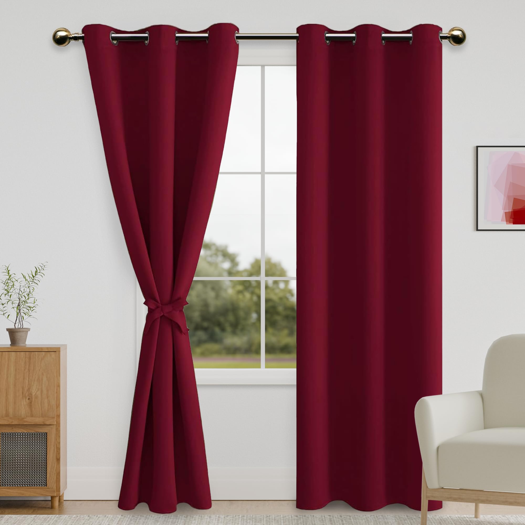 DWCN Blackout Curtains with Tiebacks - Christmas Thermal Insulated Privacy Protection Grommet Window Curtains for Living Room Bedroom, 42 x 84 inch Length, Burgundy, Set of 2 Panels — image 1