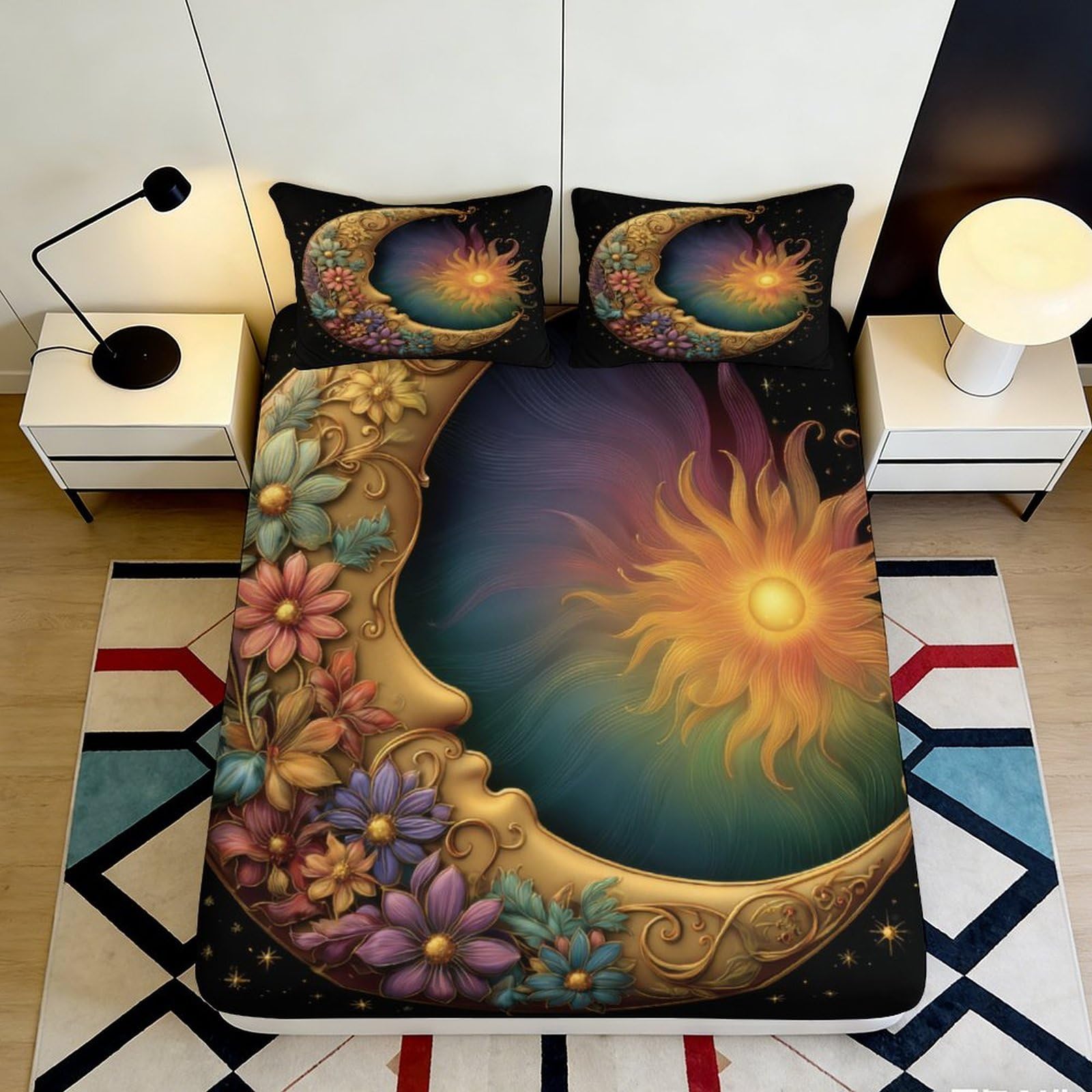 Pnayamiorkfel Style-4 3D Printed Sun Moon Floral Fitted Sheet Microfiber Soft Breathable Celestial Art Bed Cover For Bedroom Decor 90X200x25cm