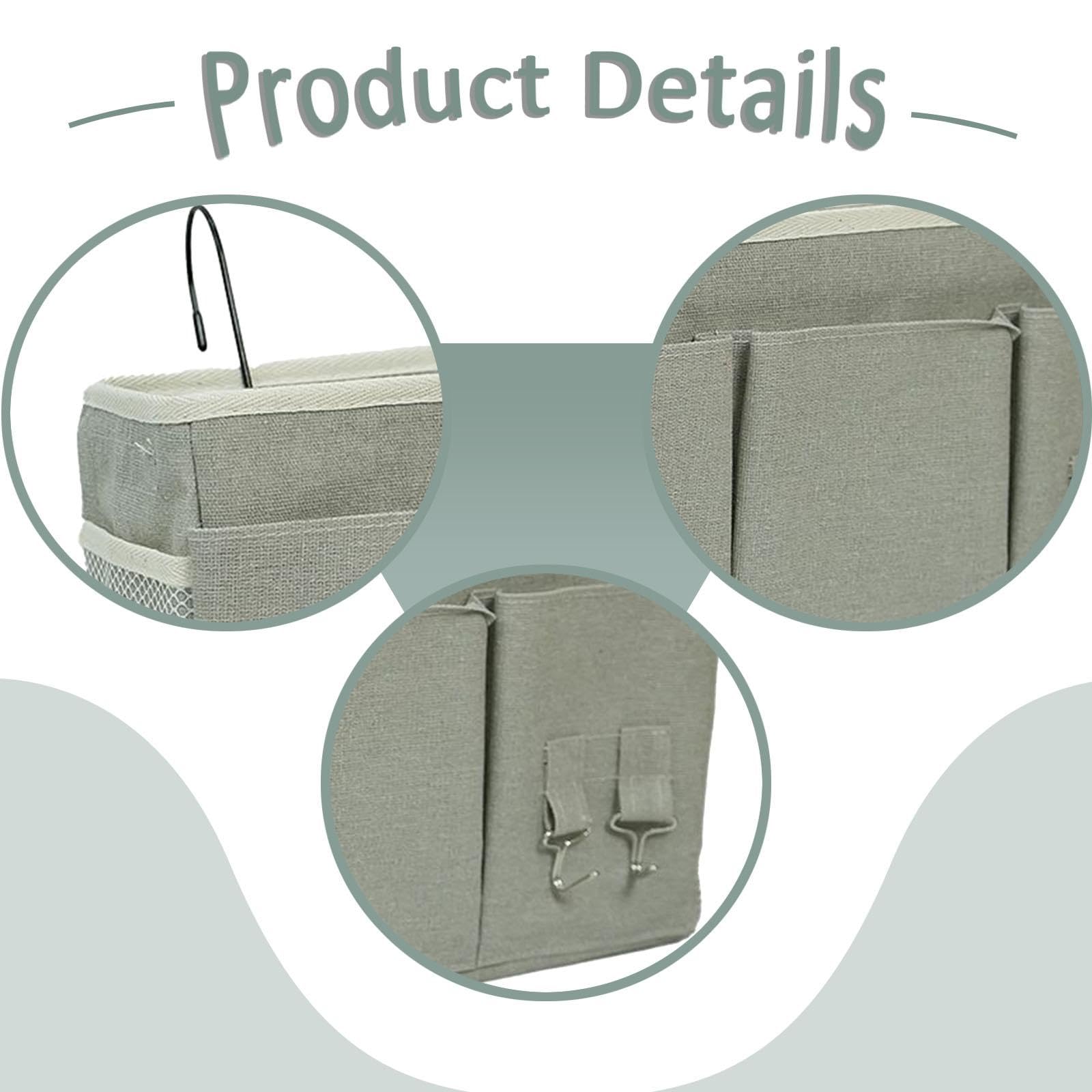 Qianly Bedside Organizer Bett Hängekorb Aufbewahrungstasche Organizer Stoff Leinen mit Taschen Funktion für Studentenwohnheim Schlafbereich Büro Zuhause, Grau