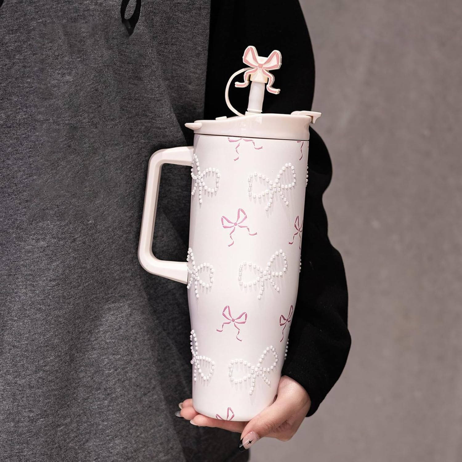 High Capacity 1200ml Stainless Steel Water Bottle with Comfortable Handle and Pearls Embellishment for Daily Hydrations Stainless Steel Water Bottle with Pearls Decoration