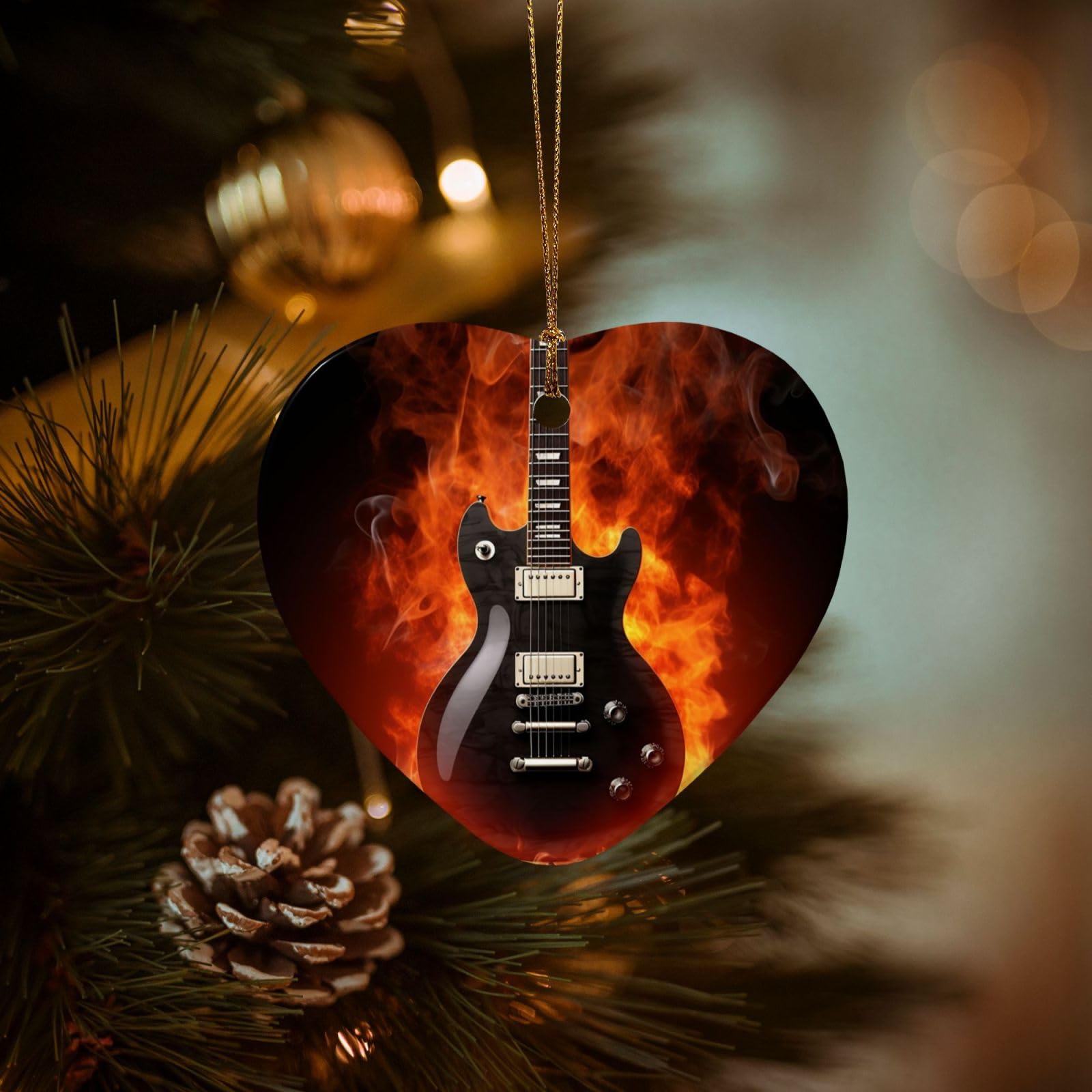 Christmas Ornaments for Christmas Tree Decoration Hanging Rock Guitar Ornament with Gold Ribbon Crafts Heart Shape Ceramic Pendant for Keepsake Gifts Xmas Decor Party Supplies