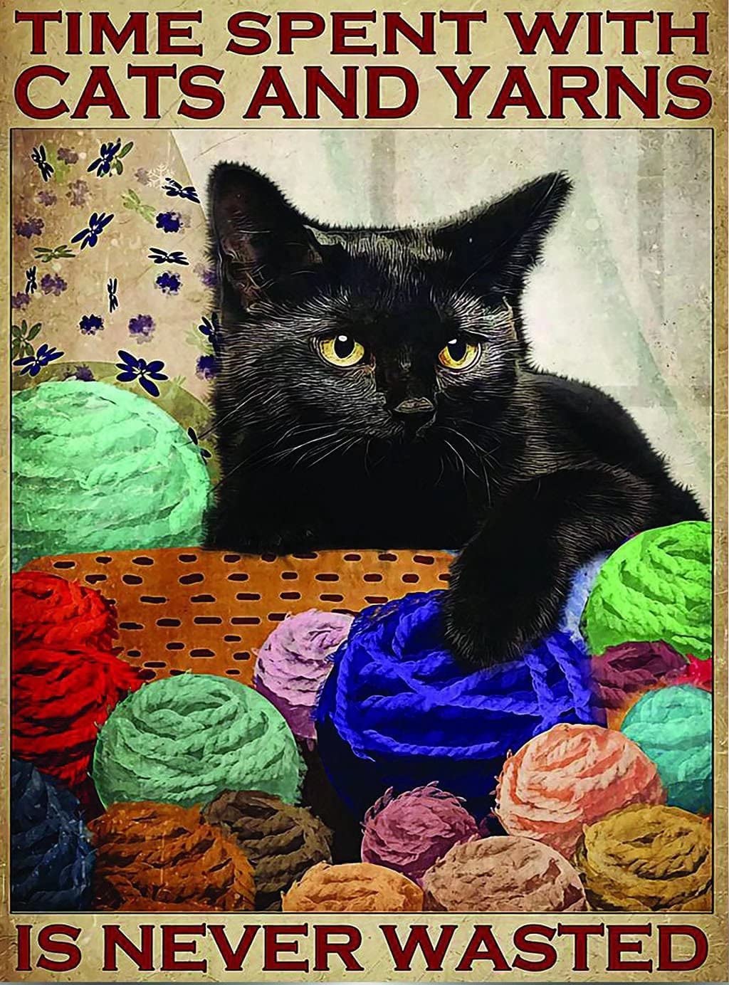 Tin Sign Cats And Yarns Nostalgic Tin Signs Funny Poster Art Wall Decor for Pub Bar Vintage Wall Stickers 12x16 Inch