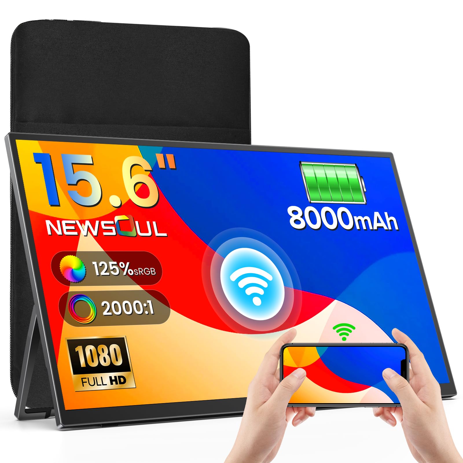 Newsoul Monitor Portátil Inalámbrico con Batería 8000 mAh,15.6" Pantalla Portatil 1080P IPS 125% sRGB, Pantalla Móvil Externa con Mini HDMI/USB-C para Laptop/PC/Phone, Soporte AirPlay/Miracast