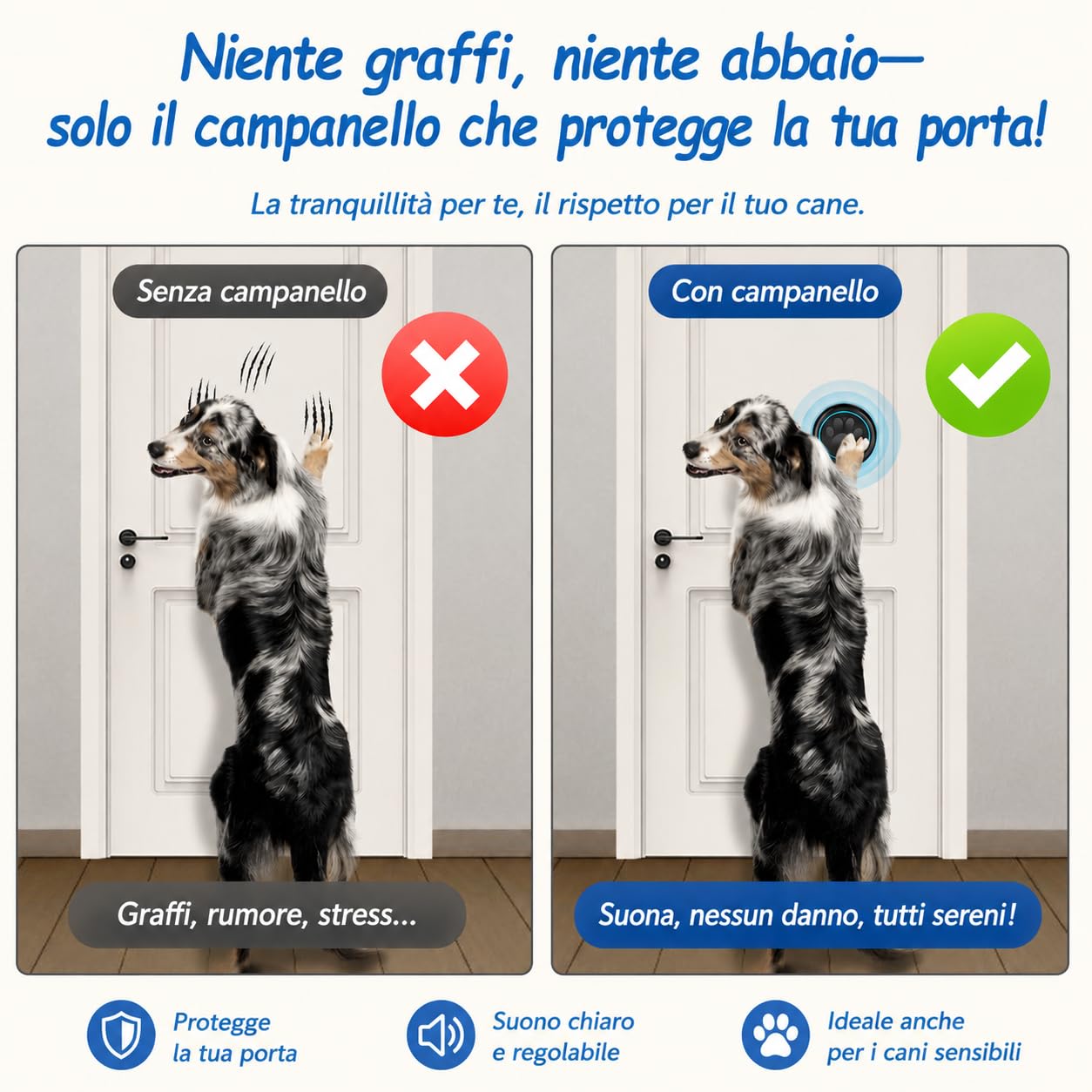 A6 BK Campanello per Uscire Cane Senza Fili 300 m – Campanello Educazione Cane con LED, 60 Melodie, Impermeabile, Accessorio per Addestramento Cane Toilette (1 Campanello e 2 ricevitori)