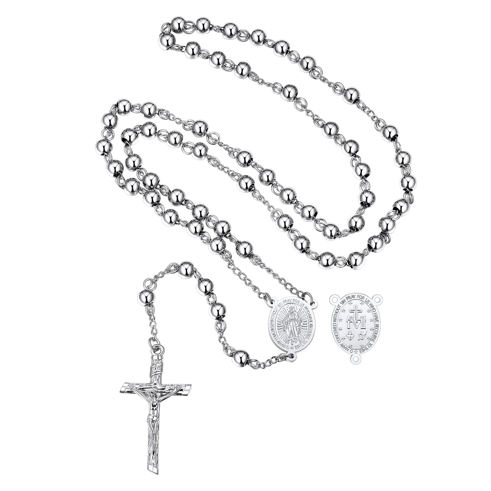FaithHeart Christian Rosary Bead Cross Necklace for Women Men, Stainless Steel Praying Rosary Y Necklace Jewelry, Gift Box