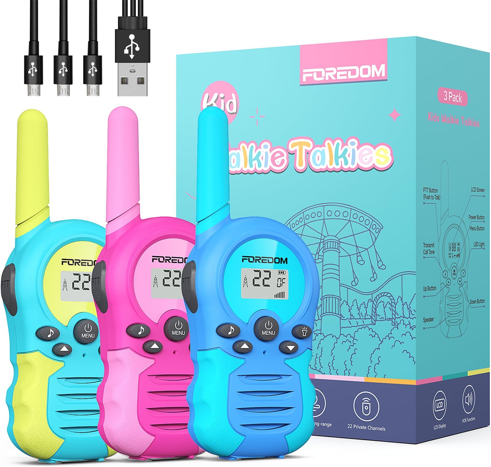 Rechargeable Walkie Talkies for Kids Walkie Talkies Long Range for Boy & Girl Age 3 to 12 Year Old Birthday Toys - 3 Pack