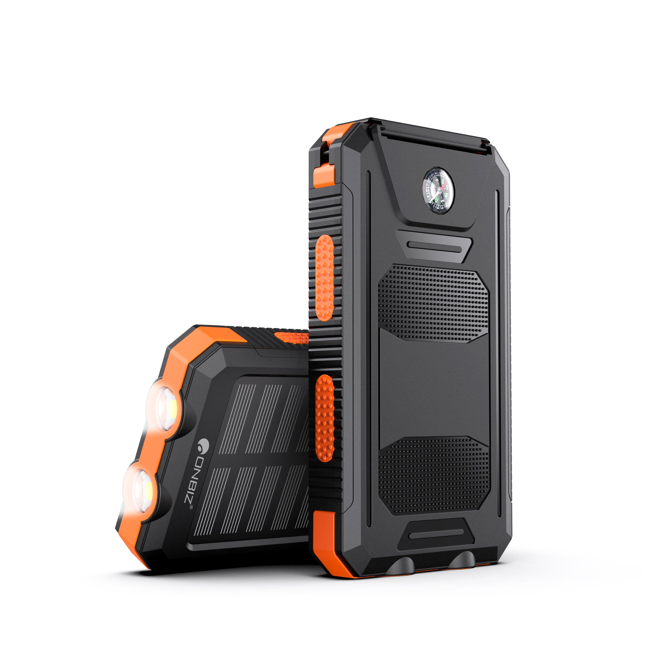 Solar Power Bank with LED Flashlight, Compass & Carabiner, 10000mAh with 2 USB Ports Output, 1 Type C in/Out, 1 Micro Input, Orange-image-42