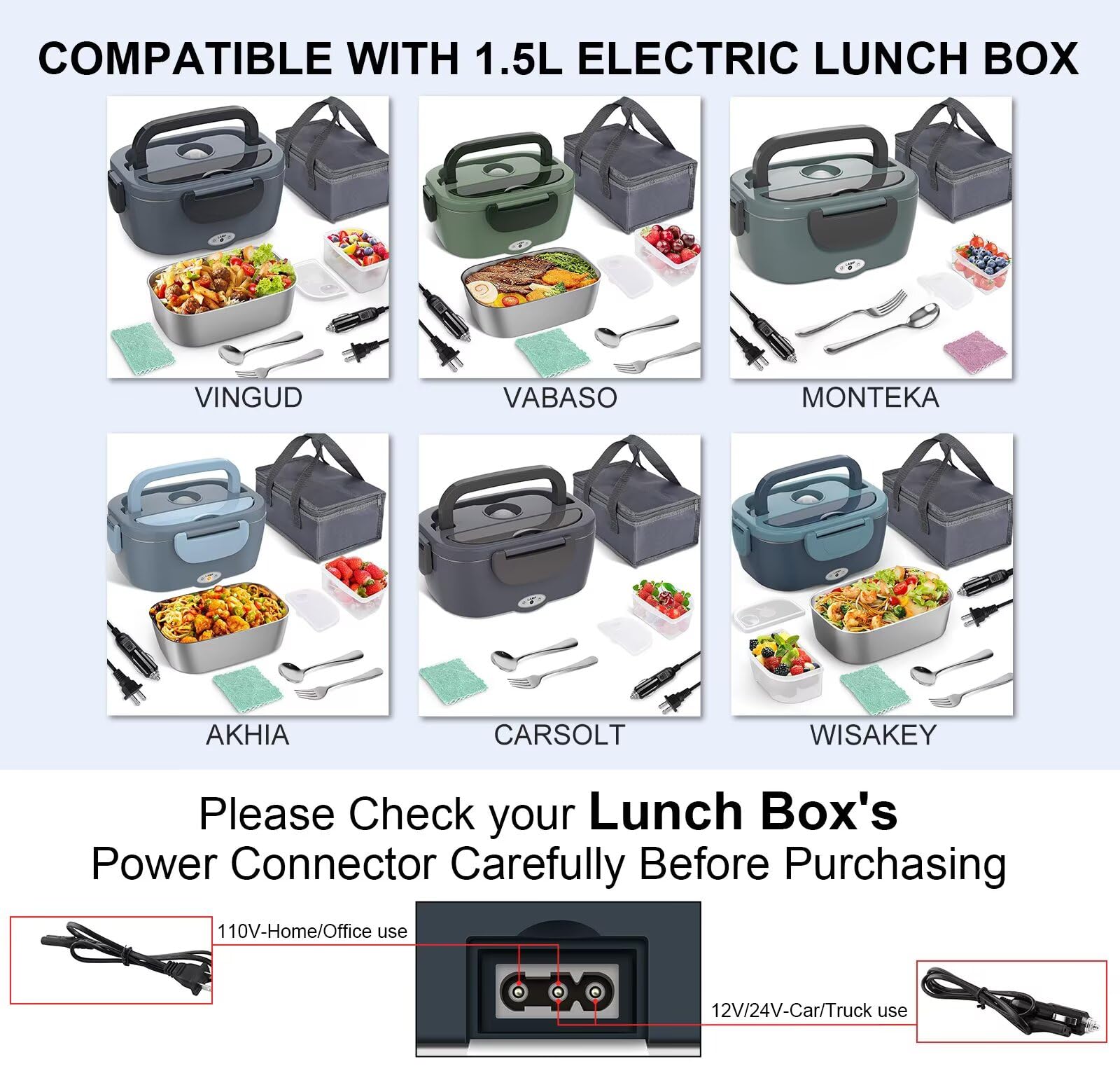 Fiambrera eléctrica, cable de alimentación solo compatible con 3 calentadores de alimentos Jack de alimentación, cable de ángulo plano de 110 V, uso doméstico/24 V tipo V para automóvil, no cable 2