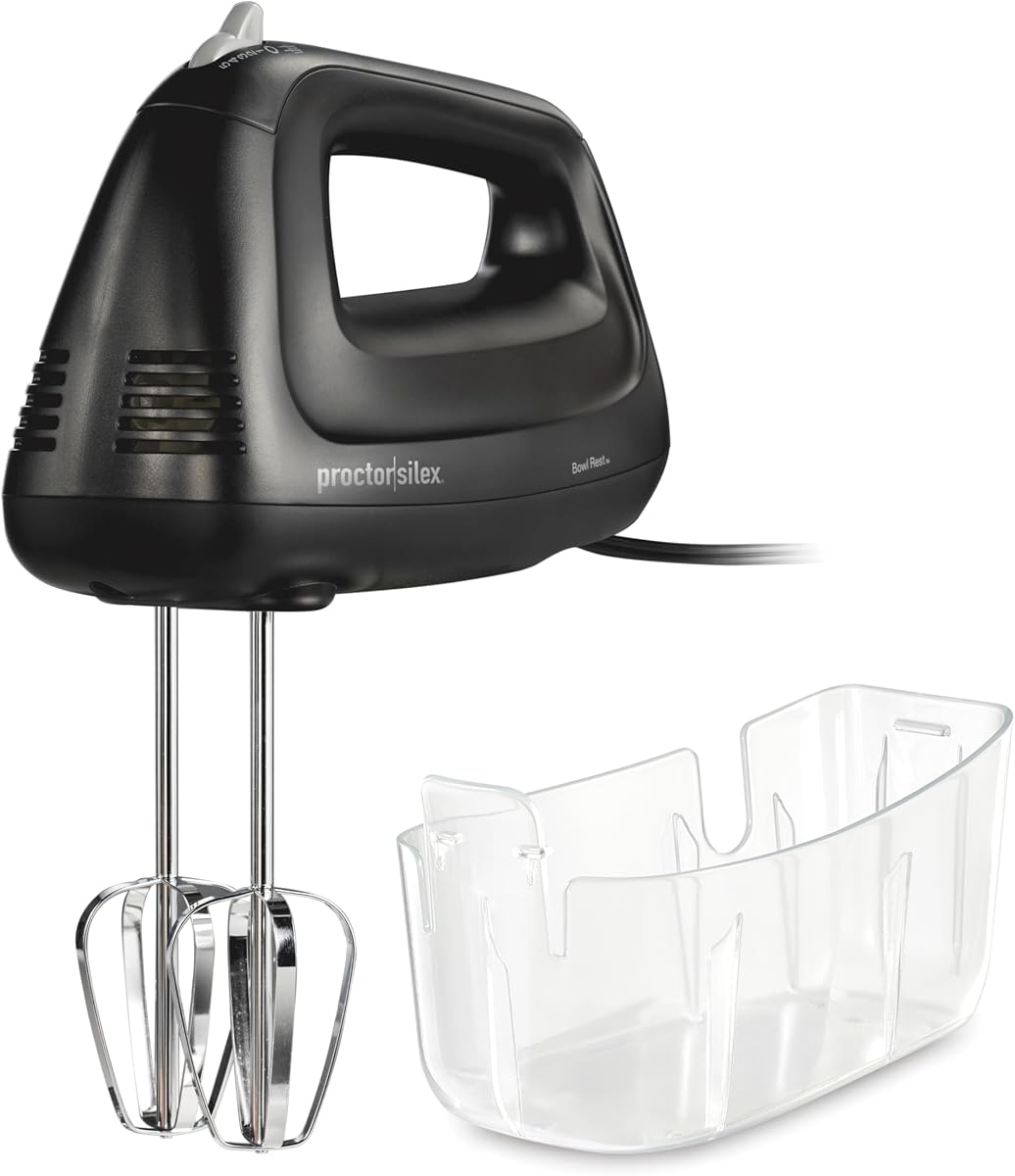 Proctor Silex Easy Mix 5-Speed Electric Hand Mixer with Bowl Rest | Compact and Lightweight | 215 Watts of Peak Power | Snap-On Storage Case | Black | 62512