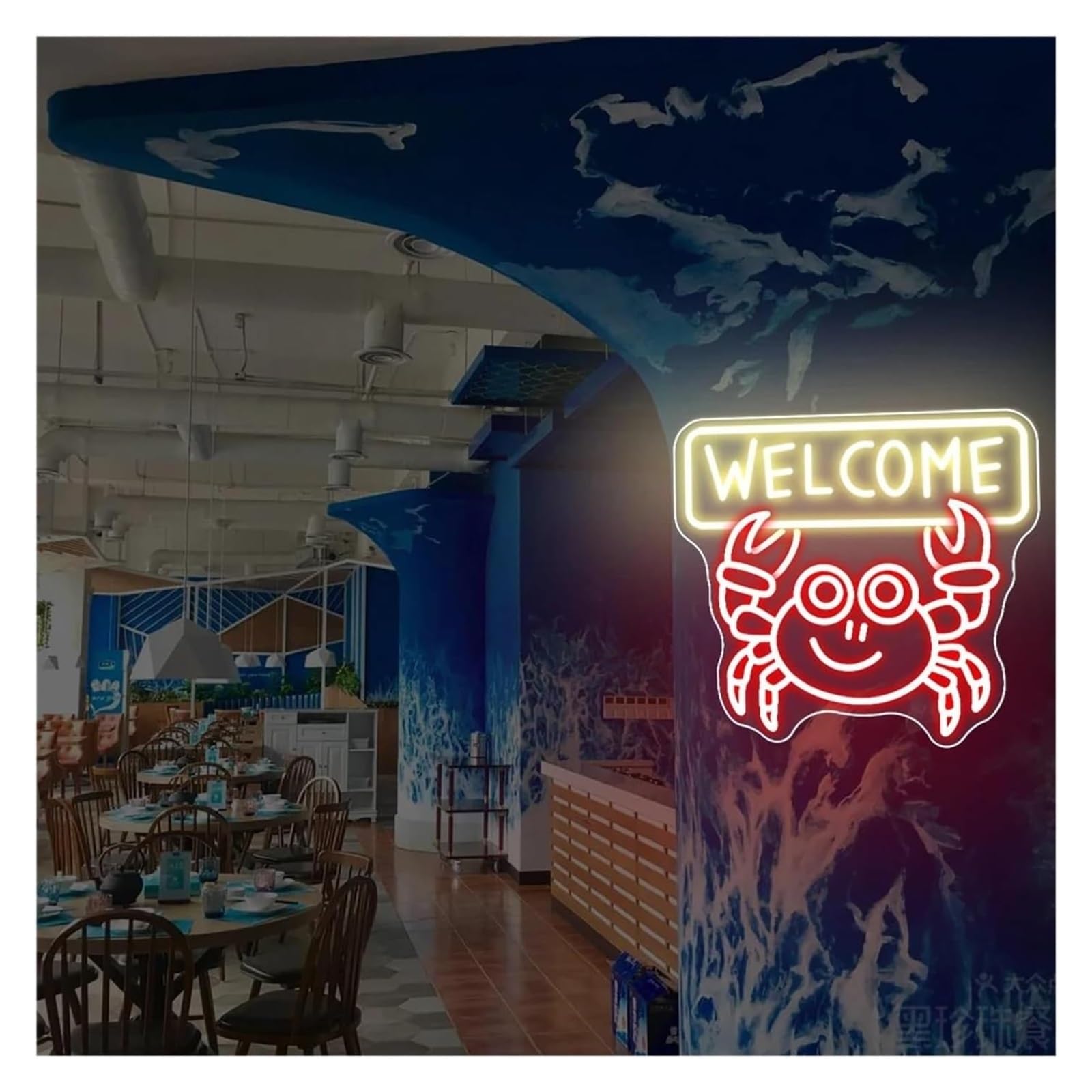 Insegna al neon a forma di granchio con scritta benvenuto per pizzeria, hamburger, decorazione da parete luminosa