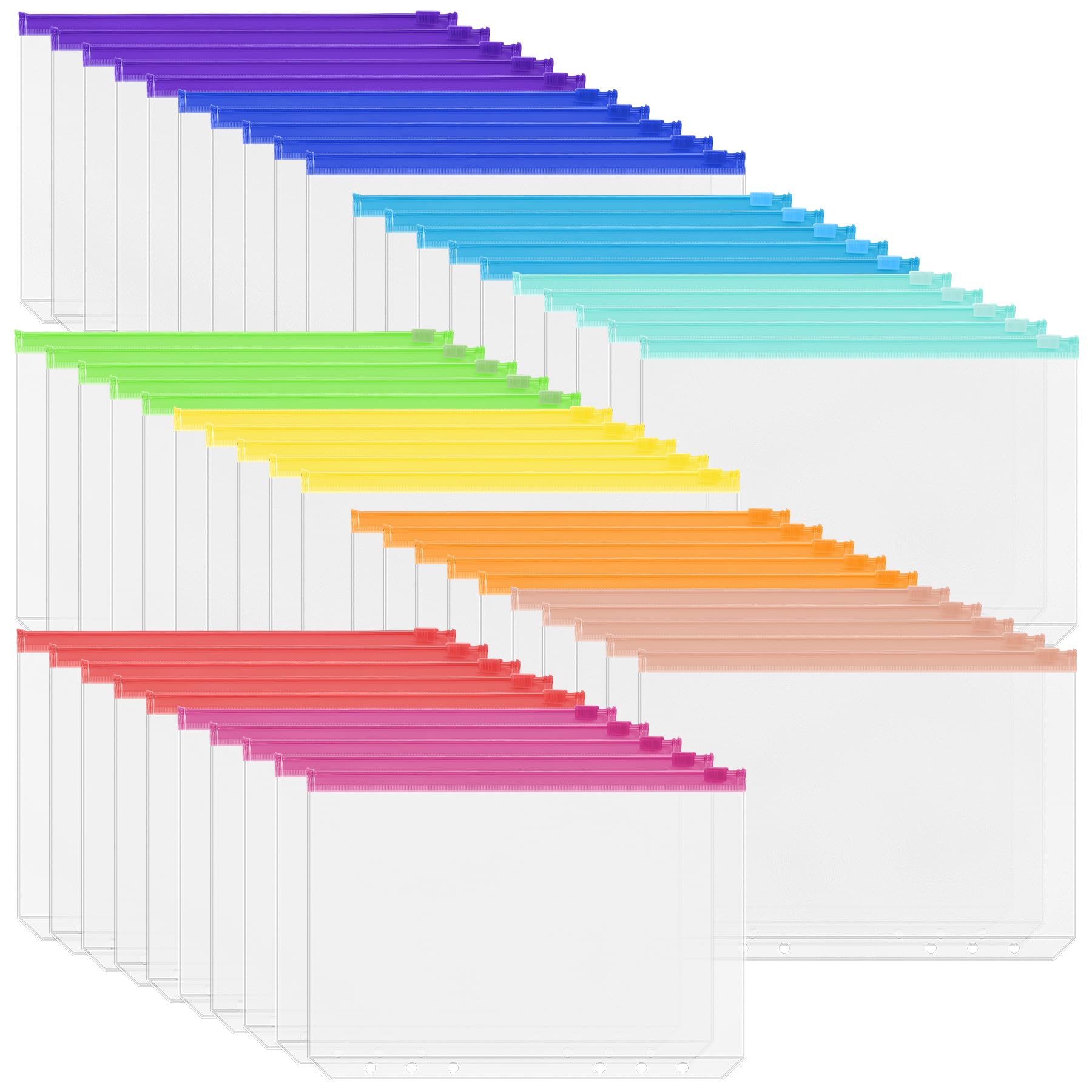 Antner 50PCS A5 Binder Pockets 6-Hole Cash Stuffing Envelopes for Money Saving, 10 Assorted Color Zipper Pouch Folders Budget Planner Inserts Loose Leaf Money Organizer Bags for A5 6-Ring Binder